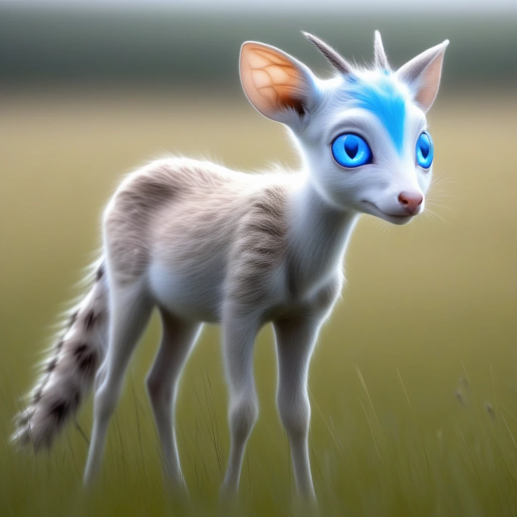 A creature with blue eyes and whiskers gleams as it stalks through a field, alert for any animal movement, blue eyes, whiskers, field, animal.