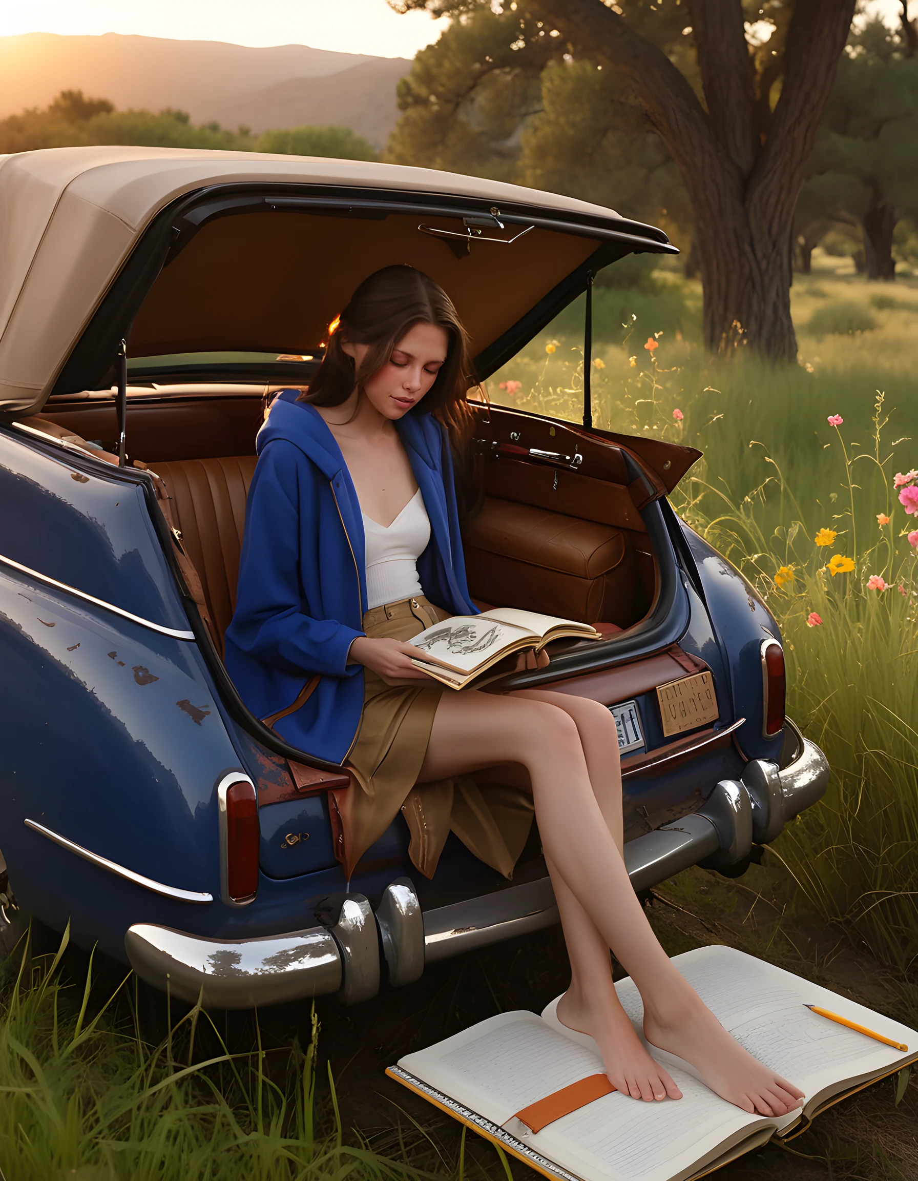 In a surreal, ethereal twilight scene, Petra Davidson is perched precariously on the edge of an open car door, her feet dangling above the dew-kissed grass. The setting sun casts a warm golden hue over her eclectic outfit: a cobalt blue jacket draped casually over one shoulder, contrasting with a crisp white shirt tucked into high-waisted denim shorts adorned with intricate embroidery. Her left hand clutches a sketchbook close to her chest, while her right hand gently sweeps back strands of long, wild black hair that frame her intense, focused gaze. The car, a vintage convertible with a peeling red paint job, sits parked among the tall, swaying grasses, its hood adorned with a profusion of colorful flowers and vines. A bookshelf, laden with worn, leather-bound tomes, leans against the trunk of the car, adding an air of intellectual sophistication to this otherwise whimsical tableau. The emotional tone is one of quiet intensity, as if Petra has just captured a moment of inspiration in her sketchbook and is about to embark on another creative journey.