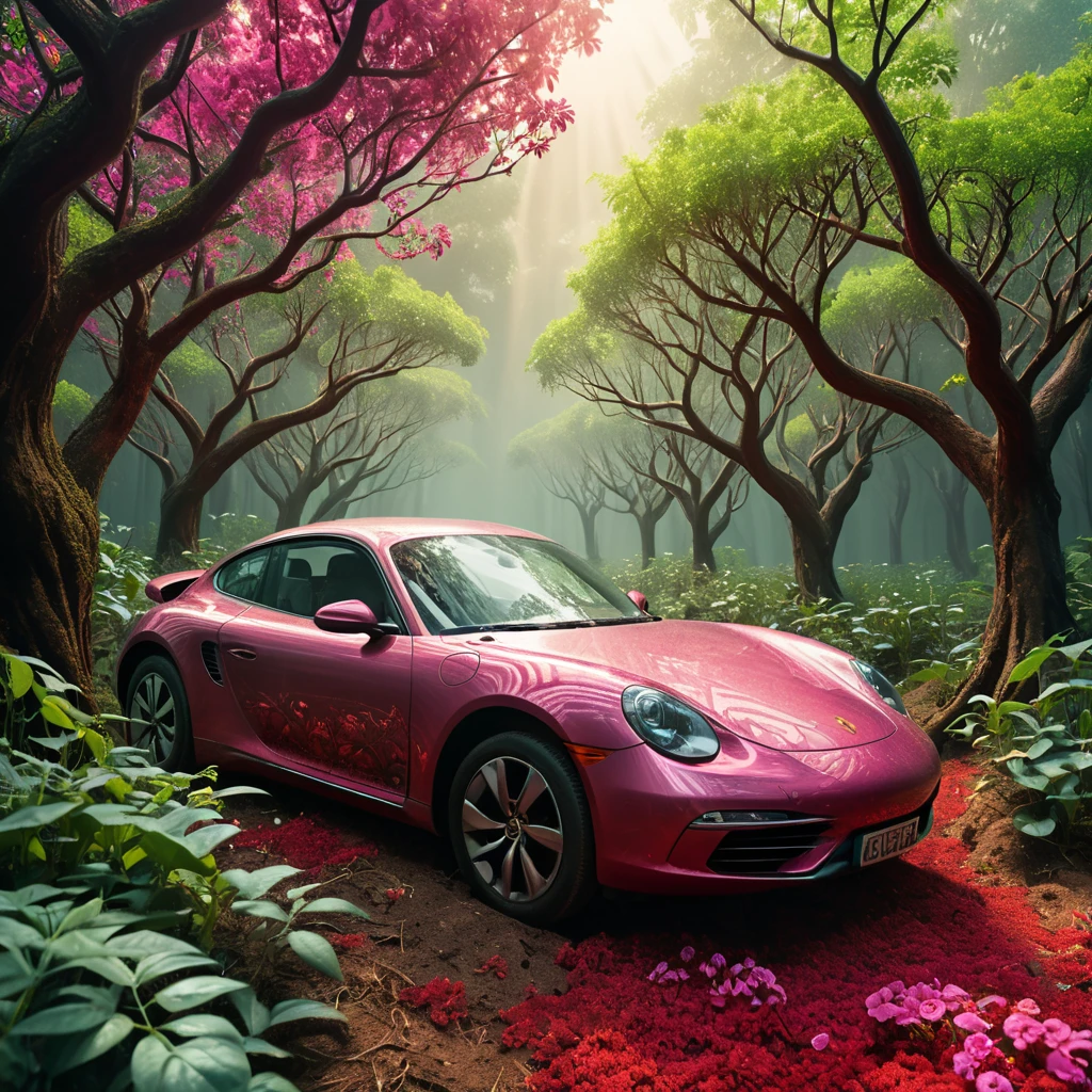 masterpiece, best_quality, in ultra-high resolution, 4K, 8K, HDR for vividness. It uses a Kodak Portra 400 lens for timeless, professional quality. detailed background with a touch of bokeh and lens flare, artistic effect, vibrant colors, vivid look. extremely detailed, absurd details, visually stunning and technically excellent
BREAK
A vibrant and color-popping scene, reminiscent of an Absurd reality, where the laws of nature are warped and twisted to create a magical ecosystem.
BREAK
In the foreground, a red car, its body painted with intricate patterns and designs, appears to be growing out of the ground like a blooming flower. The car's wheels sprout leaves and vines, and its headlights glow with an otherworldly light.
The sky above is a deep shade of crimson, with swirling patterns of pink and purple clouds, as if the heavens themselves are part of this surreal landscape.
BREAK
The ground is covered in lush green vegetation, with trees and plants of all shapes and sizes reaching for the sky. The air is filled with a sense of wonder and whimsy, as if anything is possible in this magical ecosystem where the impossible becomes possible.
