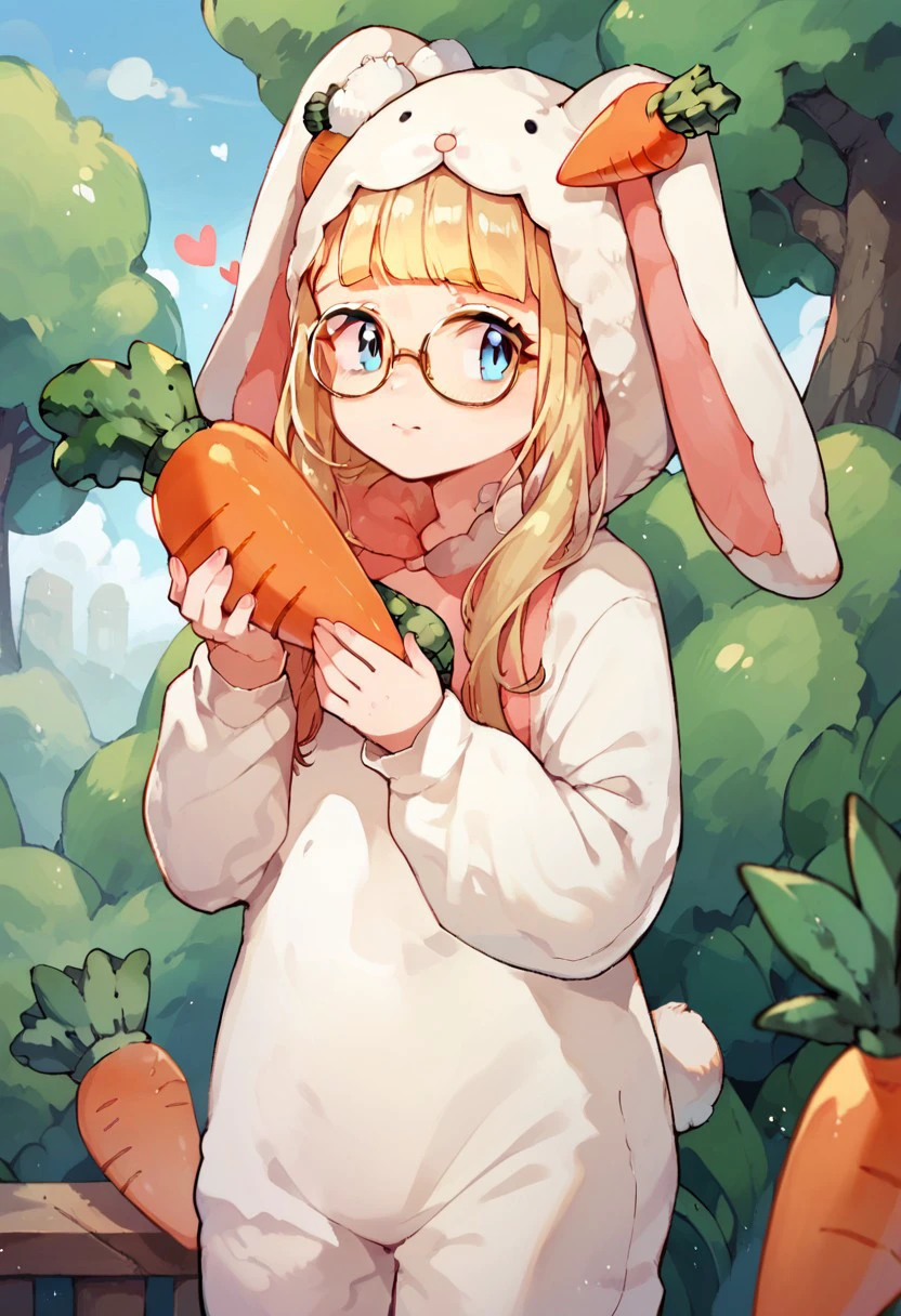 score_9, score_8_up, score_7_up, rabbit costume, standing, glasses, blue eyes, holding carrot, hair ornament, heart, blunt bangs, closed mouth