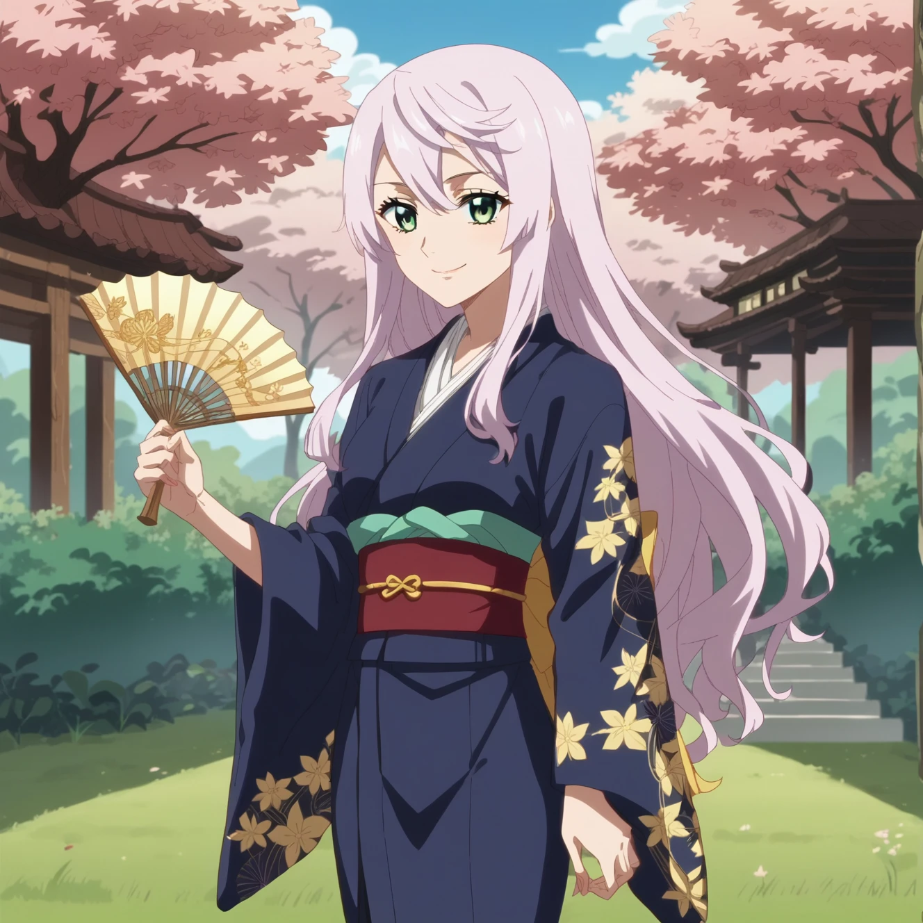 score_9,score_8_up,score_7_up, sm_an_stl, source_anime, anime screencap, anime, animification, 1girl, long hair, lavender hair, emerald eyes, standing, cherry blossom_garden, kimono, indigo gold, floral pattern, paper fan, phoenix, soft smile