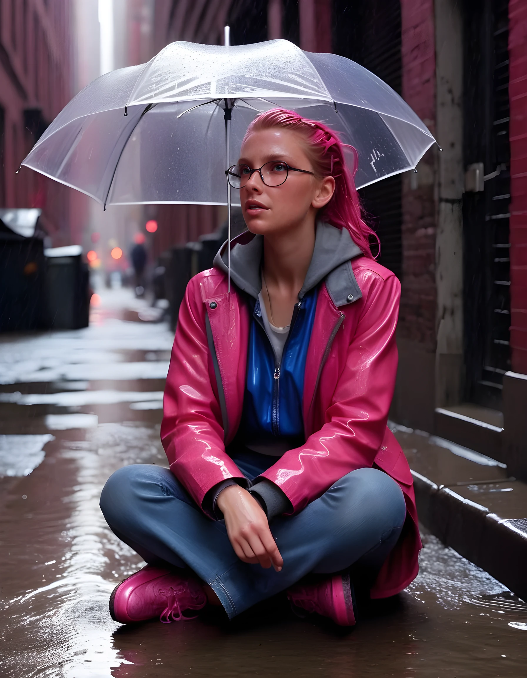 In a gritty, noir-inspired setting of a rain-drenched New York City alleyway, the camera captures Petra Davidson in a striking close-up. She sits casually on an overturned milk crate, her feet dangling just above the puddled street below. Her hair is slicked back by the relentless rain, held in place by a vibrant pink hairband adorning her head. Her blue jacket, despite the weather, remains unfastened, revealing a heart-shaped pendant nestled within. A silver umbrella leans against the brick wall beside her, its open canopy casting a soft, diffused light on her face. The mood is tense yet resilient as she gazes intently through her round, glasses, her expression betraying a sense of determination and quiet strength amidst the chaos of the city that surrounds her.