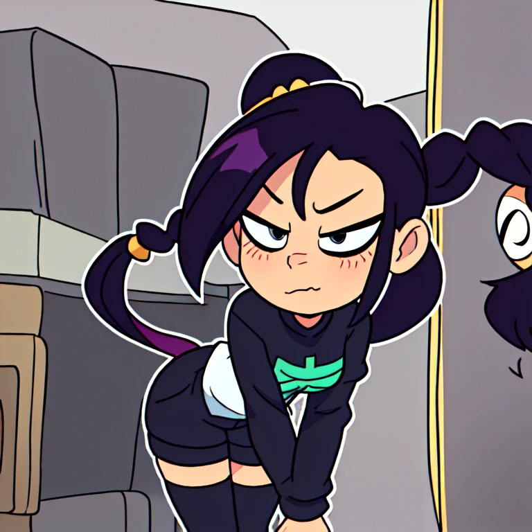 ((masterpiece,extremely detailed, best quality)), 0.7::collared shirt, small breasts, colorful, closed mouth, wide eyes:1.5, eyeliner, gradient, gradient clothes, formal, black outline, lineart,, changing room , leaning forward,perspective, jinx \(league of legends\), twintails, twin braids, wide hips, spread arms,