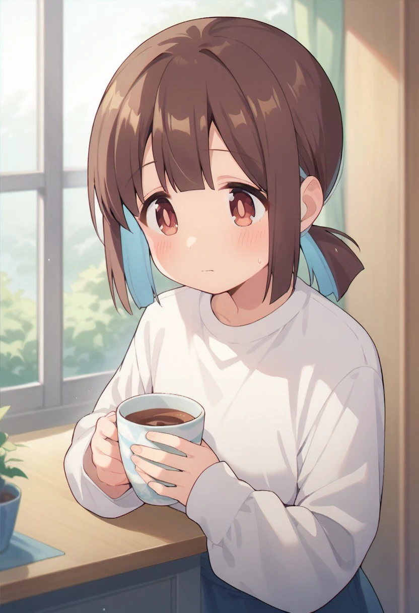 score_9, score_8_up, score_7_up, source_anime,hozuki momiji, brown hair, brown eyes, 1girl, cup, solo, holding, holding cup, long sleeves, shirt, closed mouth, white shirt, blush, indoors