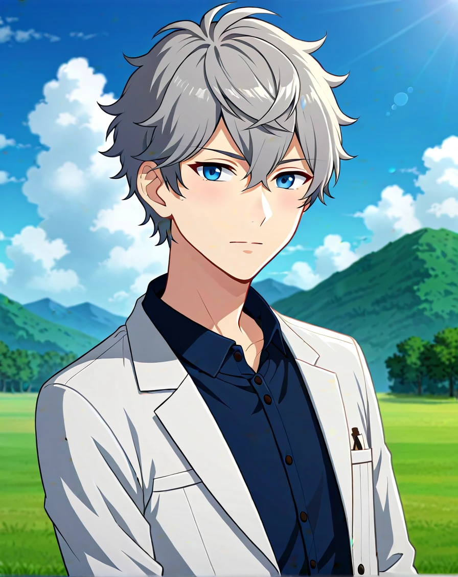 <lora:quality1:1>, score_9, score_8_up, BREAK, rating_safe, 1boy, solo, male focus, <lora:sena_izumi_ponyy:0.8>, sena_izumi_pony, grey hair, blue eyes, short hair, hair between eyes, bangs, curly hair, cowboy shot, standing, outdoors, looking at viewer, <lora:Pony_DetailV2.0:1>  <lora:xl_more_art-full_v1:1> <lora:Lightning-8:1>