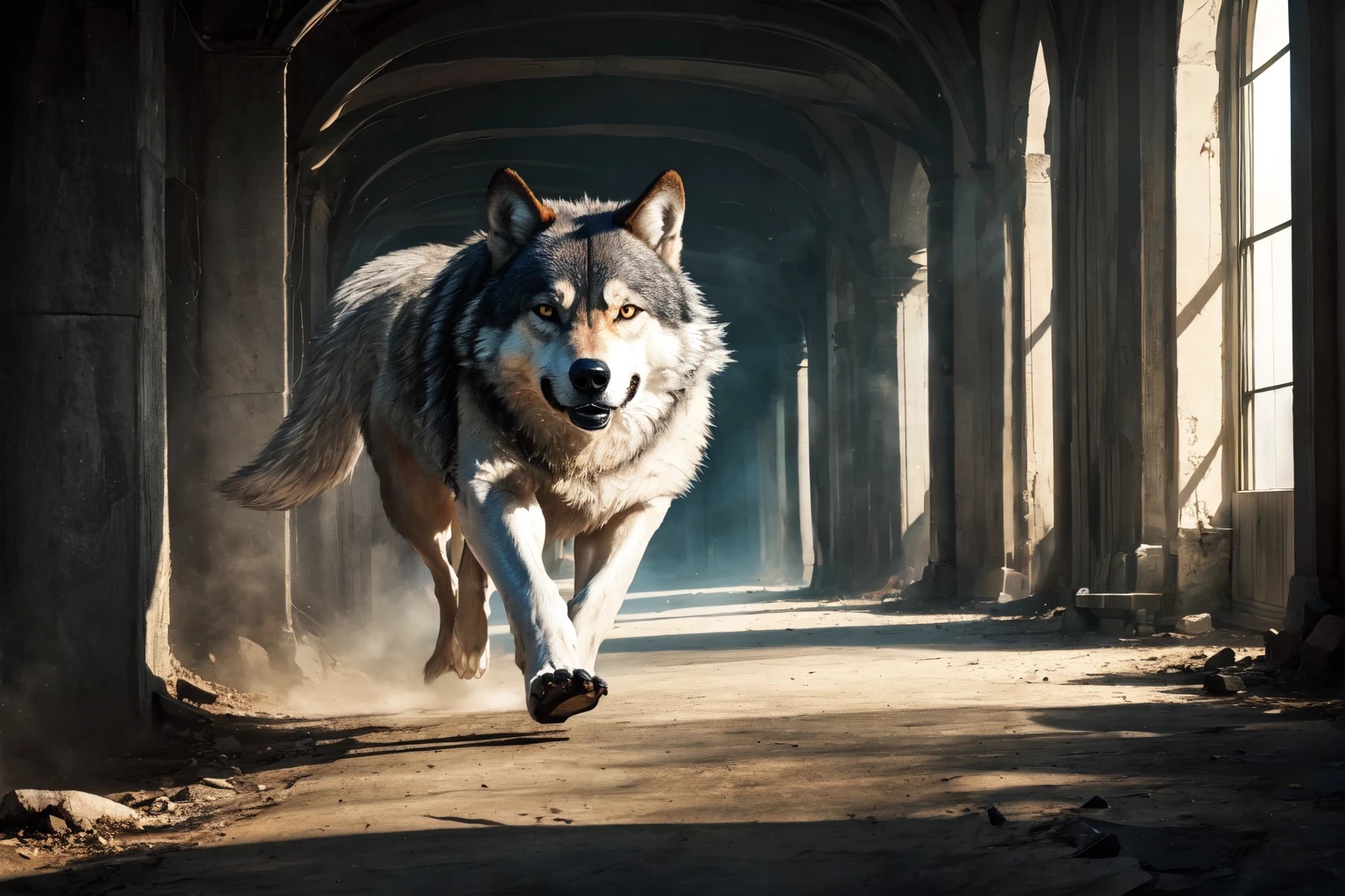 ((masterpiece)), ((best quality)), (ultra-detailed), absurdres, extremely detailed CG unity 8k wallpaper, RAW photo, wide shot, professional photo, wolf running, wild, , ((masterpiece)), absurdres, HDR