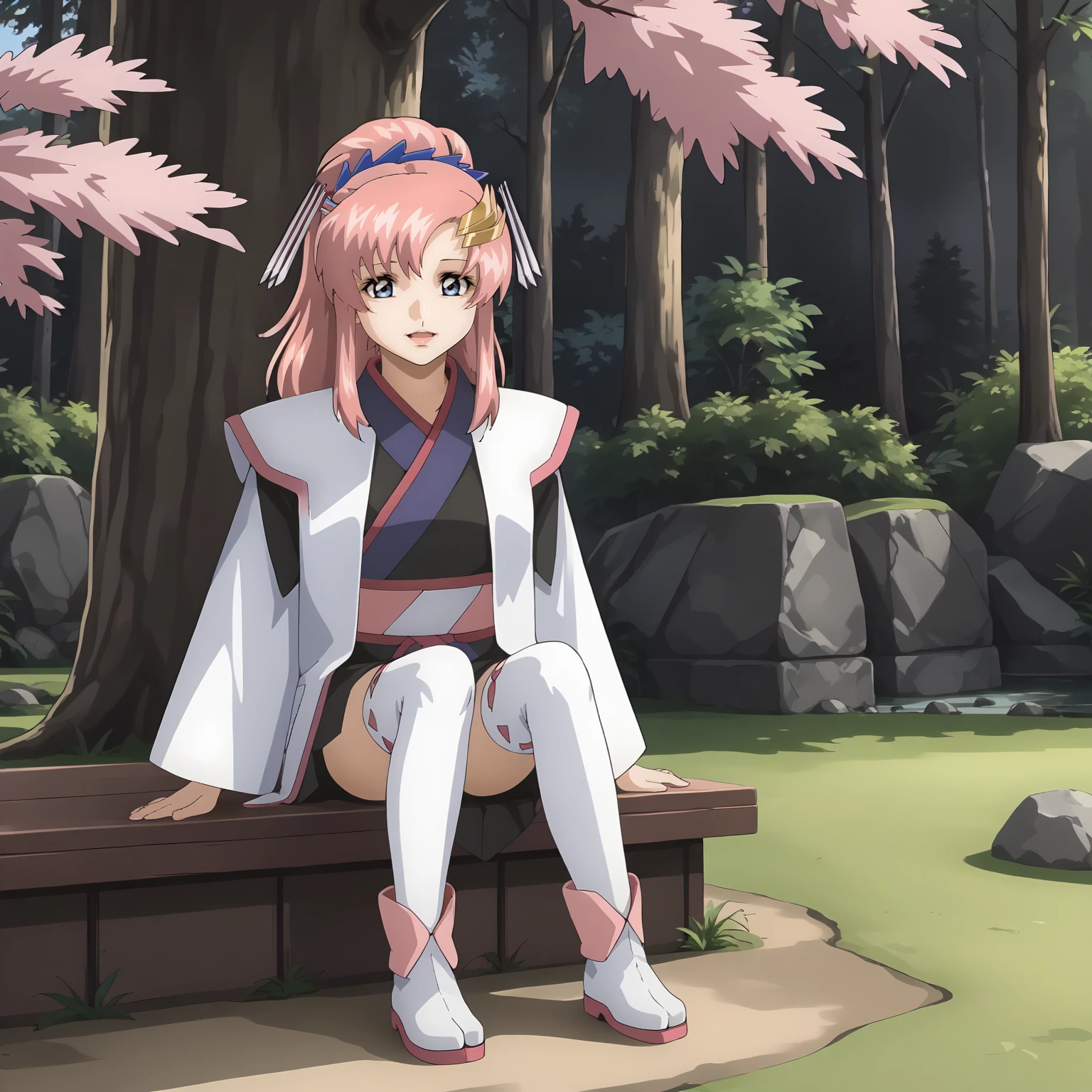 <lora:LacusClyneXLpony002>,
smile,looking at viewer,open mouth,
solo,
LacusClyne,1girl,pink hair,ponytail,blue eyes,
hair ornament,
white haori,kimono,
long_sleeves,mini skirt,thighhighs,ankle_boots,
outdoors,nature,
full body,sitting,