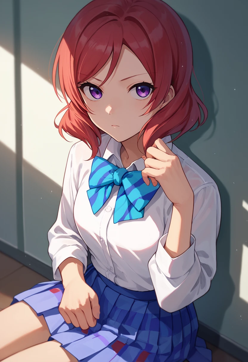 score_9, score_8_up, score_7_up, 1girl, solo,   Nishikino maki, red hair, purple eyes, short hair, pleated skirt, white shirt, aqua bow,   <lora:Nishikino Maki TEST-000007:1>