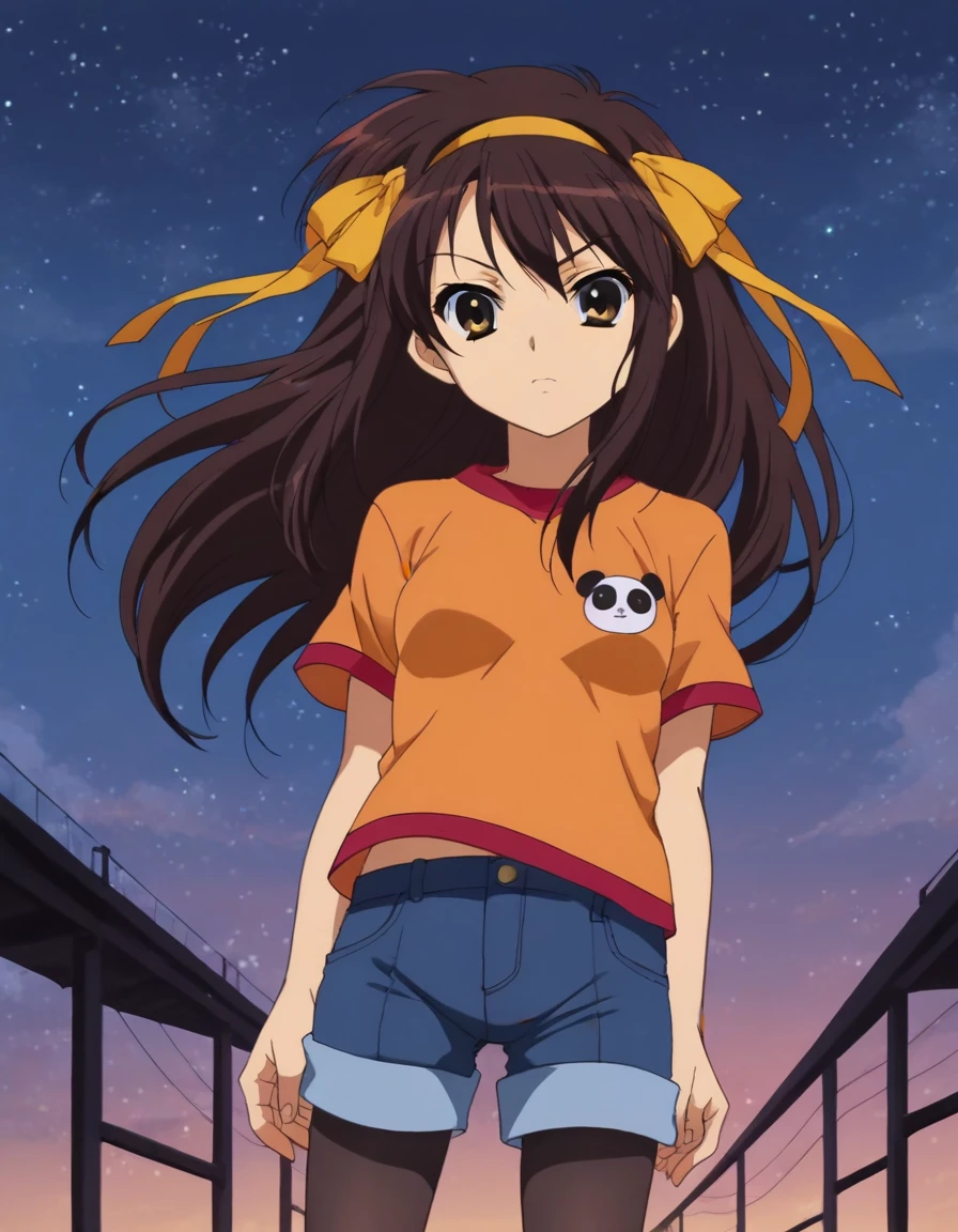 score_9, score_8_up, score_7_up, score_6_up, score_5_up, score_4_up, BREAK source_anime, anime screencap, <lora:HaruhiYXL-08:0.8> HaruhiYXL, 1girl, solo, shorts, denim shorts, orange shirt, denim, sky, shirt, night, ribbon, hair ribbon, pantyhose, star \(sky\), starry sky