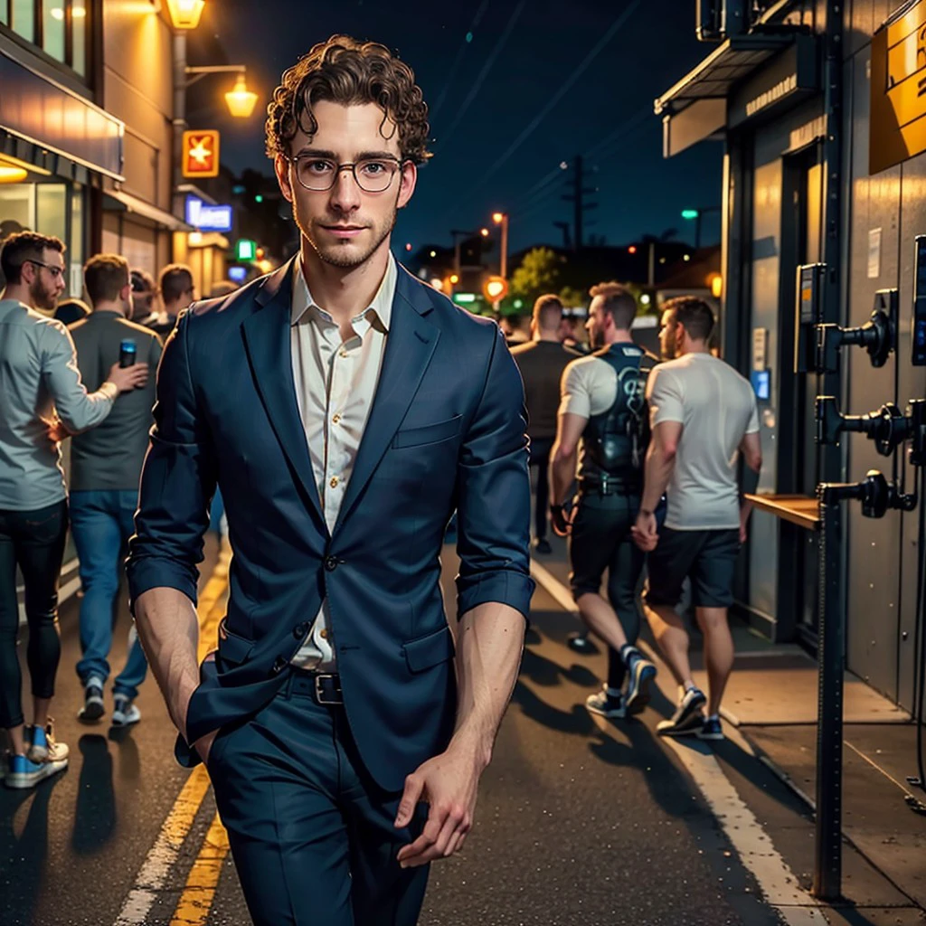 (masterpiece), best quality, expressive eyes, perfect face, tall, Nordic, glasses, computer science guy, 32-year-old, Curly brown hair, Slim athletic figure, Aiden, formal attire, walking down an Arizona street late at night, holding a large bottle of liquor, brooding expression, , <lora:cd12b6e8-de97-44c1-ae88-6ac23589e28c:0.7>