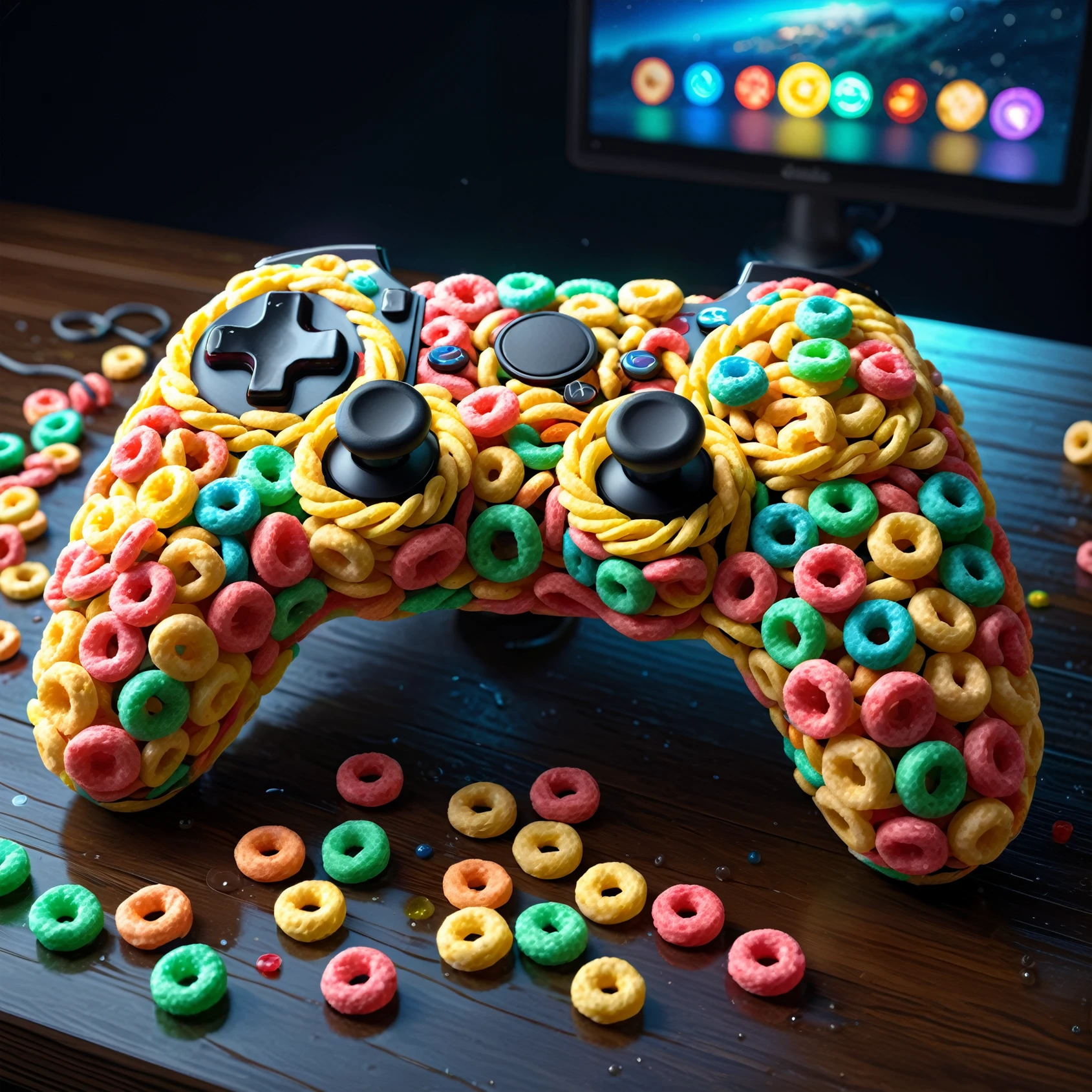 made of Fruit loops , epic digital picture of a Gaming Controller on a table, highly detailed, at night, rainy, masterpiece, dramatic cinematic lighting, unforgettable, very intricate, high detail , photorealistic detail, ultra-realism , photorealistic,  ultra detailed ,octane render,    <lora:FruitLoopStyle_epoch_9:0.4>