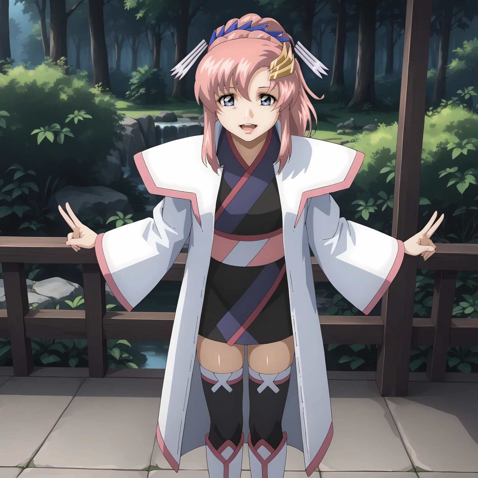 <lora:LacusClyneXLpony002>,
smile,looking at viewer,open mouth,
solo,
LacusClyne,1girl,pink hair,ponytail,blue eyes,
hair ornament,
white coat,kimono,
mini skirt,thighhighs,ankle_boots,
outdoors,nature,
full body,standing,leaning_forward,v arms,