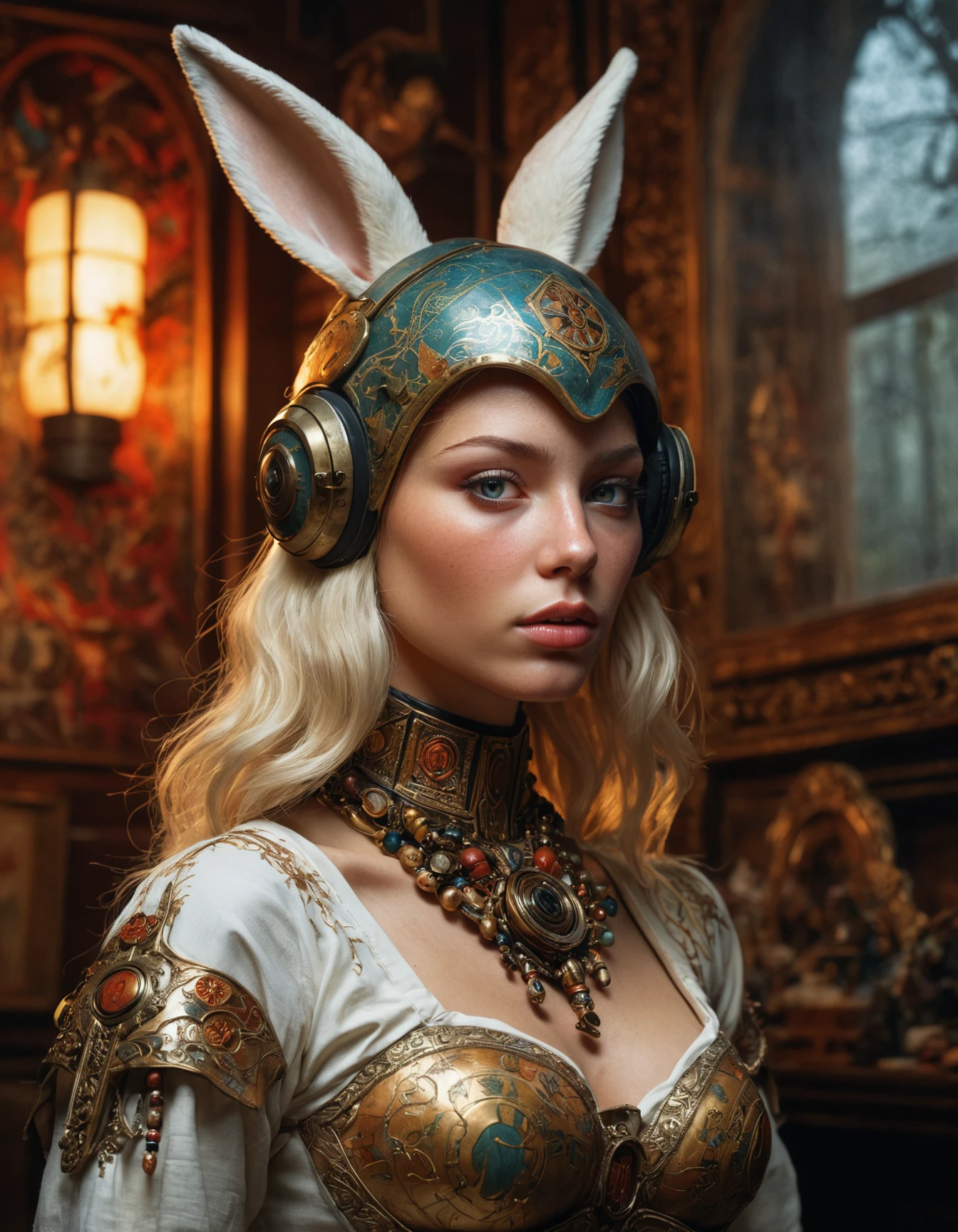 highly detailed and hyper realistic photo, by Bunny Yeager , by Ivan Bilibin , by Adrian Ghenie , a bleached, a human-like advanced female android , in the style of mandola art, limited dark palette, unusual dark colors, faded colors, atmospheric haze, highly dramatic cinematic lighting, motion blur, film grain, professional, excellent composition, finest details, maximized details, ultimate detail level, masterpiece, best quality
