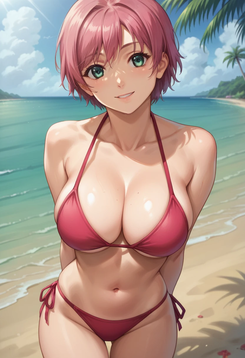 score_9, score_8_up, score_7_up, dynamic lighting, (detailed image, high resolution, 5k resolution:1.0),<lora:Nao_Resort_Boin:0.7>, iihara_nao, short_hair, pink_hair, large breasts, green eyes, bikini, beach, sea, standing, smile, arms behind back