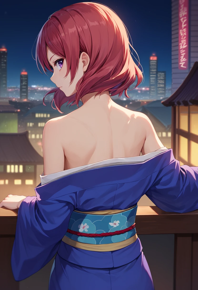 score_9, score_8_up, score_7_up, 1girl, solo,   Nishikino maki, red hair, purple eyes, short hair, kimono, off shoulder, from behind, cityscape, night,   <lora:Nishikino Maki TEST-000007:1>