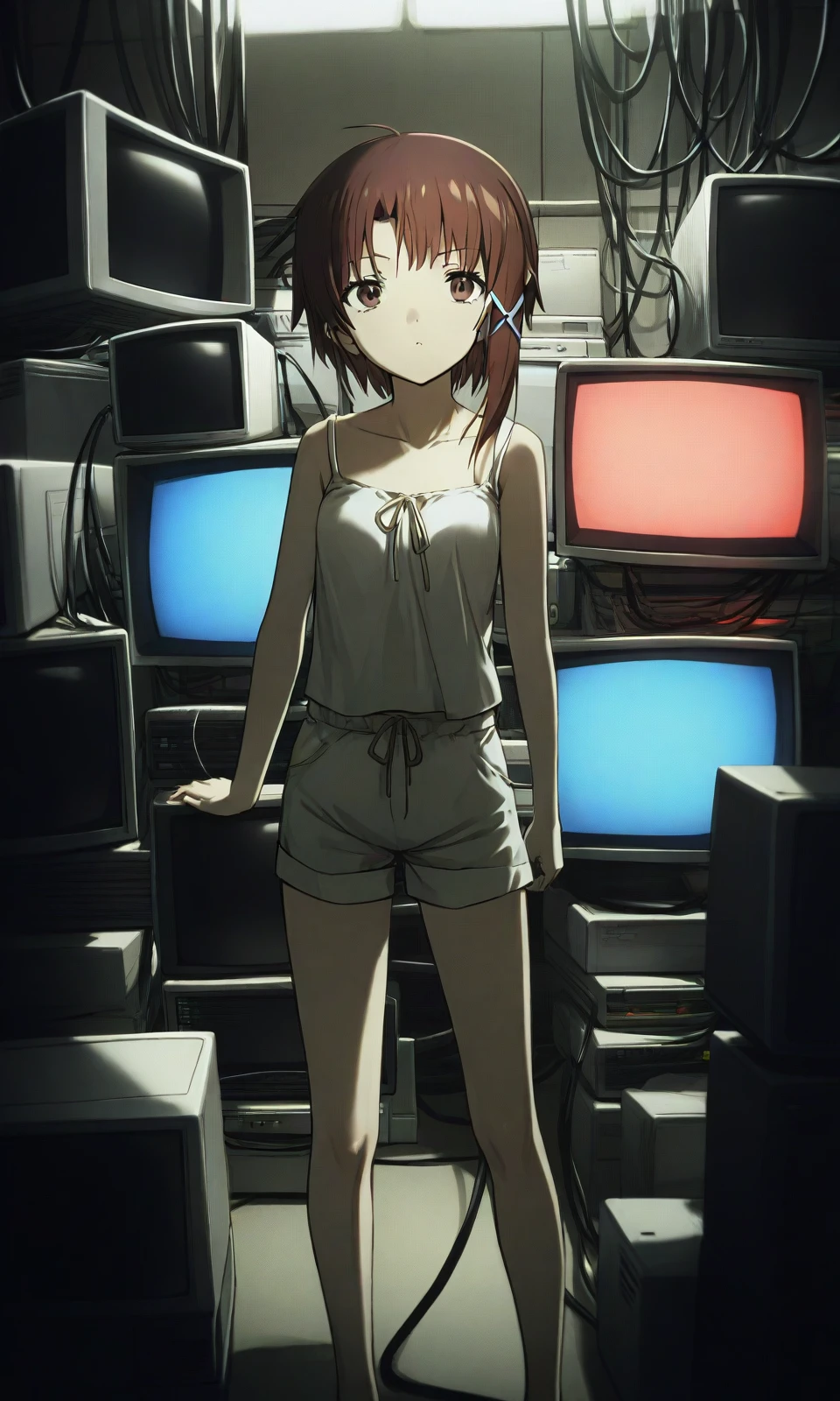 1girl, iwakura lain, full body, white camisole, bare shoulders, standing, brown hair, x hair ornament, hair ornament, brown eyes, looking at viewer, white shorts, computer screens, old crt monitors, mainframe, wires, monitor glow, blue screen, red screen, asymmetric hair, soft lighting, cinematic light, high quality, masterpiece