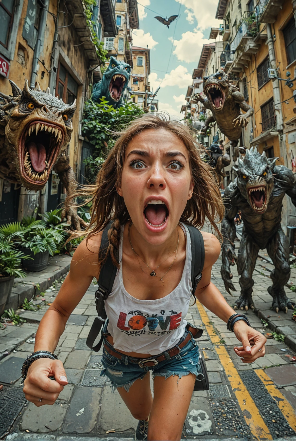 Selfie, fisheye lens, photorealistic girl traveller screaming and running. Love it: in the background, angry monster, urban jungle,