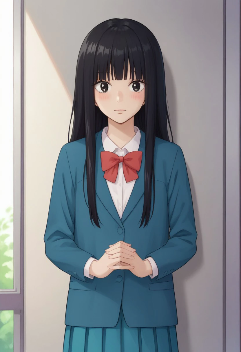 score_9, score_8_up, score_7_up, source_anime, highly detailed,
sawako, 1girl, solo, long hair, skirt, black hair, school uniform, upper body, black eyes, pleated skirt, jacket, bangs, looking at viewer, blunt bangs, bow, own hands together, blue skirt,  standing, blazer,
indoor, blush,