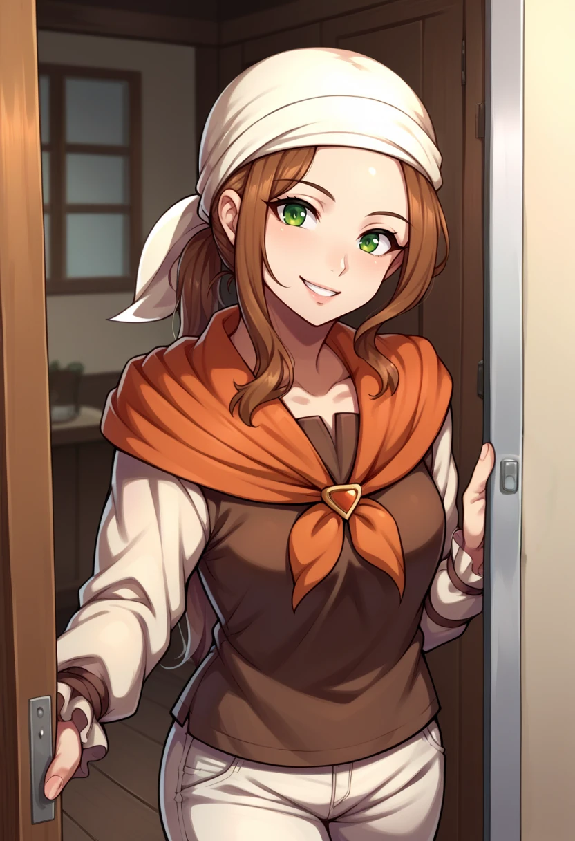 score_9, score_8_up, score_7_up, source_anime BREAK solo, 1girl, <lora:Fates-villager-maiden-pdxl_Fp-000005:1>, fatesvillagemaiden, ponytail, long hair, bandana, brown hair, green eyes, brown shirt, long sleeves, neckerchief, pants, doorway, smile, pov