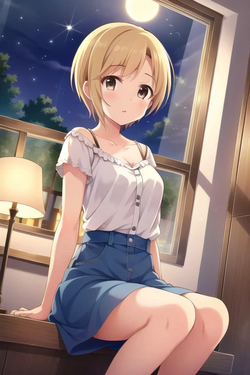 (masterpiece),aiba yumi, short hair, brown hair, brown eyes, 1girl, night, solo, moon, blonde hair, window, sky, night sky, collarbone, sitting, indoors, lamp