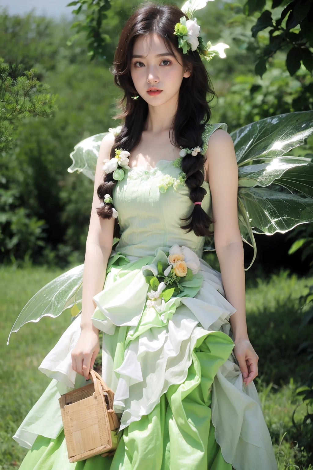 photorealistic,realistic,photography,masterpiece,best quality,ultra-detailed,extremely detailed,8k wallpaper,(reality: 1.4),1girl,solo, tall,hair flower,braid,full body,standing,arms lowered to the sides,long hair,black hair,hair bun,hair ornament,long dress,plant,leaf, flower shirt,wide dress bottom,green butterfly dress,thick frilled dress,fairy wings,green theme,fairy, <lora:JAY - GREEN BUTTERFLY DRESS:0.9>