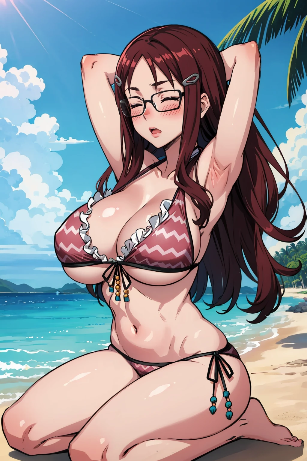 masterpiece, best quality, 1girl,   <lora:vc4minerva-nvwls-v1-000009:0.9> vc4minerva, hairclip, glasses, pink bikini, frills, side-tie bikini bottom, wristband, knee pad, (huge breasts:0.8), arms behind head, seiza, beach, closed eyes, blush, wavy mouth, looking at viewer