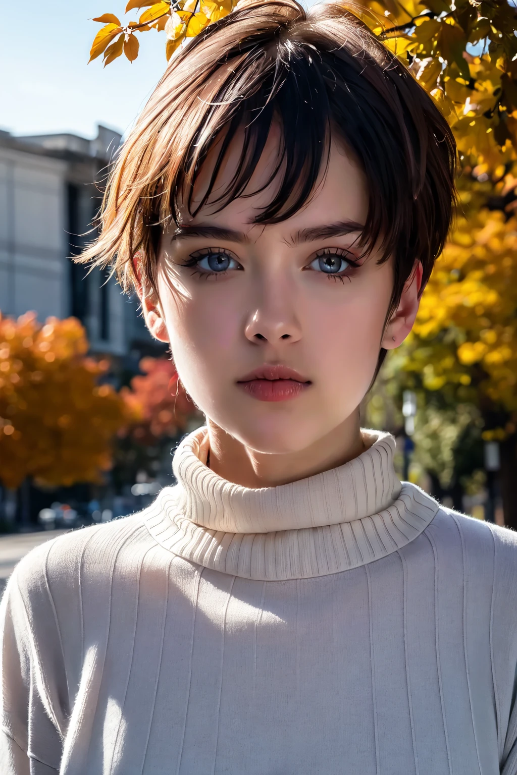 ((masterpiece)), ((best quality)), (ultra-detailed), absurdres, extremely detailed CG unity 8k wallpaper, RAW photo, wide shot, professional photo, closeup portrait, beautiful face, expressive eyes, looking at viewer, solo, outdoors, autumn, scenery, dramatic lighting, (1boy, mature female:1.4), (sweater:1.3), , ((masterpiece)), absurdres, HDR, <lora:GoodHands-vanilla:1.0>