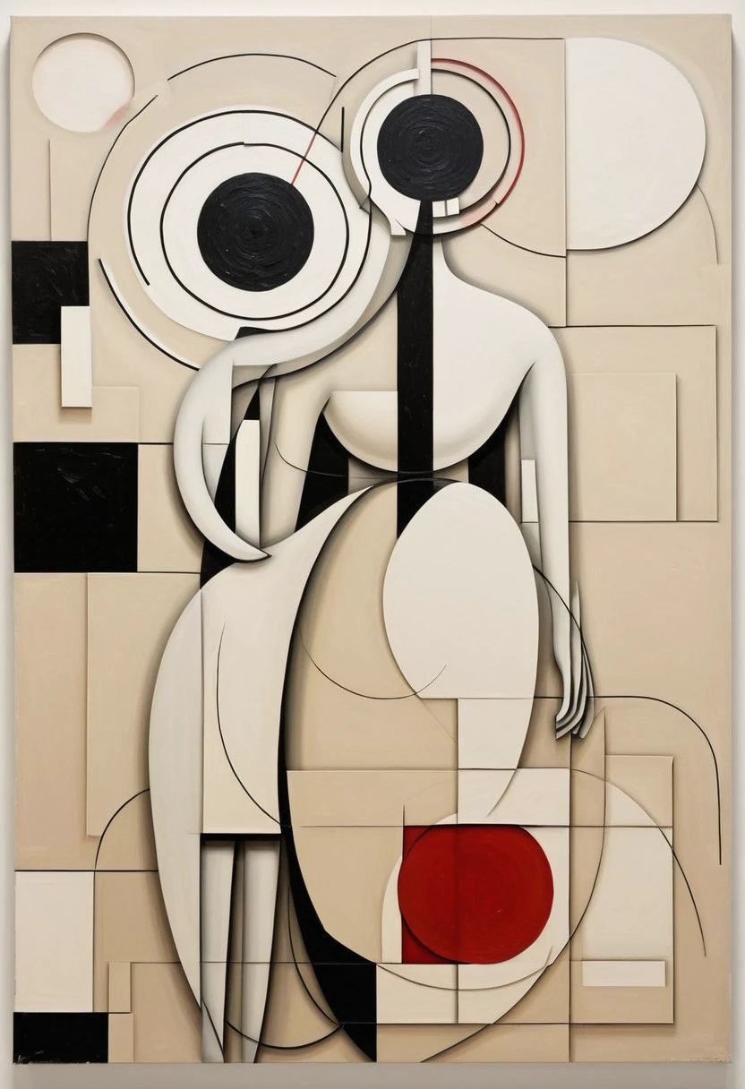 a bird's-eye perspective, a striking abstract painting takes center stage on a light beige canvas. the painting is composed of a series of geometric shapes, predominantly black, and red, arranged in a square pattern. the black shapes dominate the majority of the composition, while the white shapes are subtly revealed in the lower right corner. the painting's title, "dancing couple," is subtly etched into the lower right corner of the canvas.