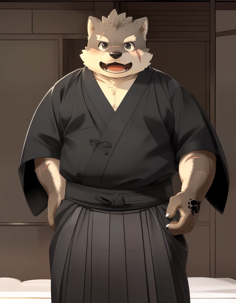 (((detailed eyes, detailed face))), (furry, moritaka <lora:character_moritaka_findigo_v3+1:1>, two-tone fur, dog boy, snout, black eyes, scar, tattoo on hand), male, (solo), (plump, fat, chubby, overweight), (black kimono, haori, grey hakama), standing, (arms behind back), smile, (front view) BREAK (konzaburou, ukan_muri), bedroom, (flat shading, flat color, high brightness), 8k, UHD, masterpiece, (full body), (scar on face, scar on cheek, scar on arm, scar on nose)