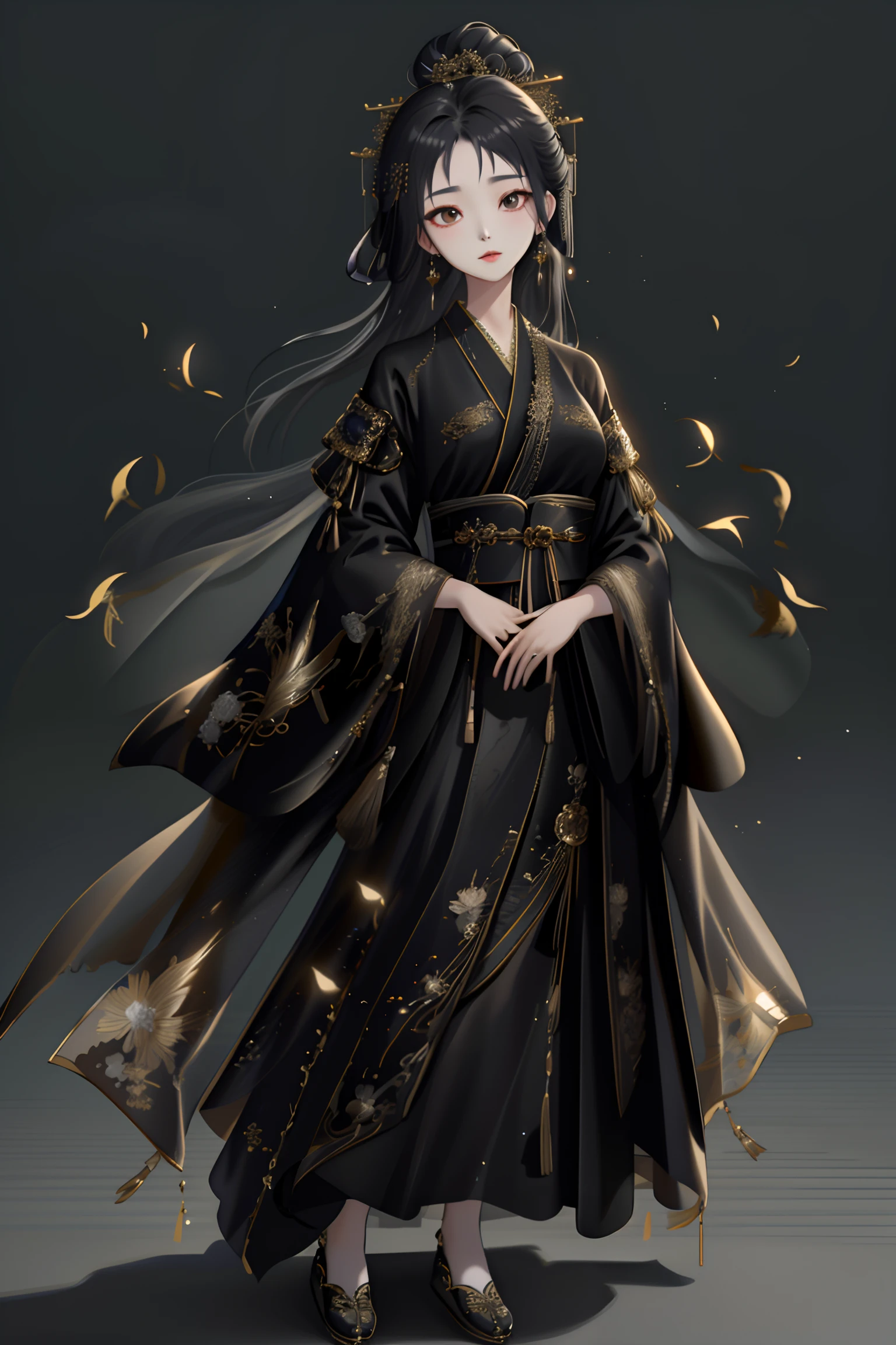 Highest quality,(full body photo: 1.3),Beautiful young woman wearing black hanfu,Translucent,silky,noble temperament,intricate gold embroidery on the clothes,dark background, 