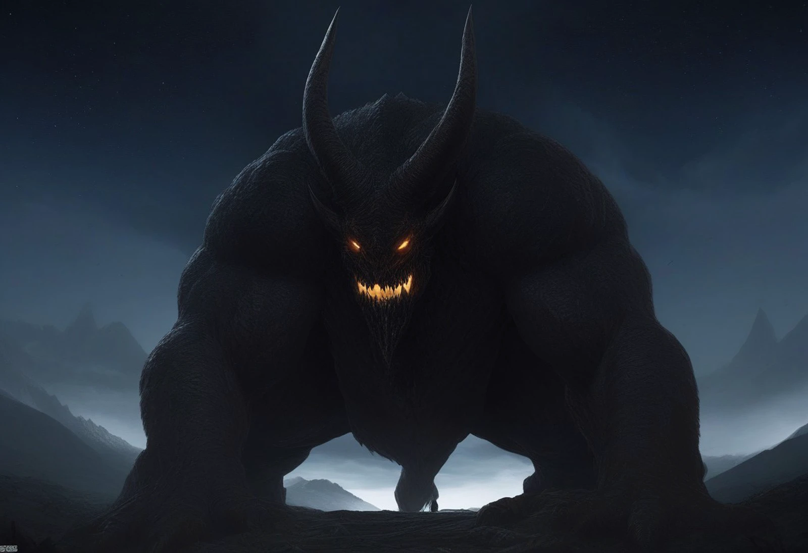 score_9, score_8_up, score_7_up, source_anime, best quality, masterpiece, (best quality, ultra detailed), beautiful, epic, landscape, monster, solo, cleavage, horns, sharp teeth, dark sky, glowing eyes