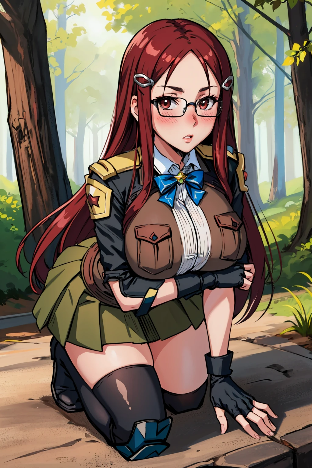 masterpiece, best quality, 1girl, <lora:vc4minerva-nvwls-v1-000009:0.9> vc4minerva, hairclip, glasses, brown jacket, uniform, shoulder pads, armor, fingerless gloves, green miniskirt, black thighhighs, knee pads, brown boots, large breasts, (huge breasts:0.8), kneeling, looking at viewer, all fours, blush, nervous, forest