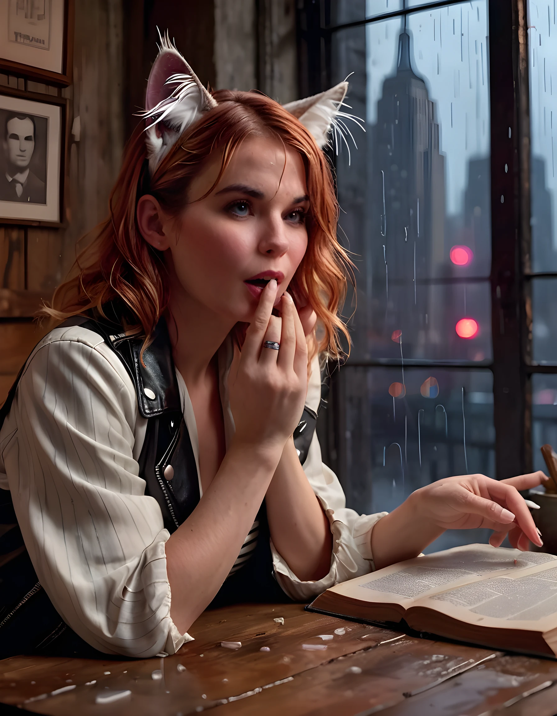 In a gritty, noir-inspired kitchen set against the dimly lit, rain-drenched streets of 1940s New York City, Julie, with her long, wavy blonde hair cascading over one eye, adorns an intriguing ensemble: a stark white dress beneath a black leather jacket, the sleeves of a striped shirt peeking out from under the jacket's lapels. Her left hand covers her mouth, revealing a small scar on her cheek and clenched teeth, while her right index finger points to an open book lying on the worn wooden kitchen table. A pair of cat ears made of feathers rest atop her short, fiery red hair, adding a whimsical touch to her otherwise serious demeanor, as she tilts her head slightly to the side, deep in thought and contemplation, the raindrops trickling down the window behind her, reflecting the city's neon lights and casting an eerie, ethereal glow upon her face.