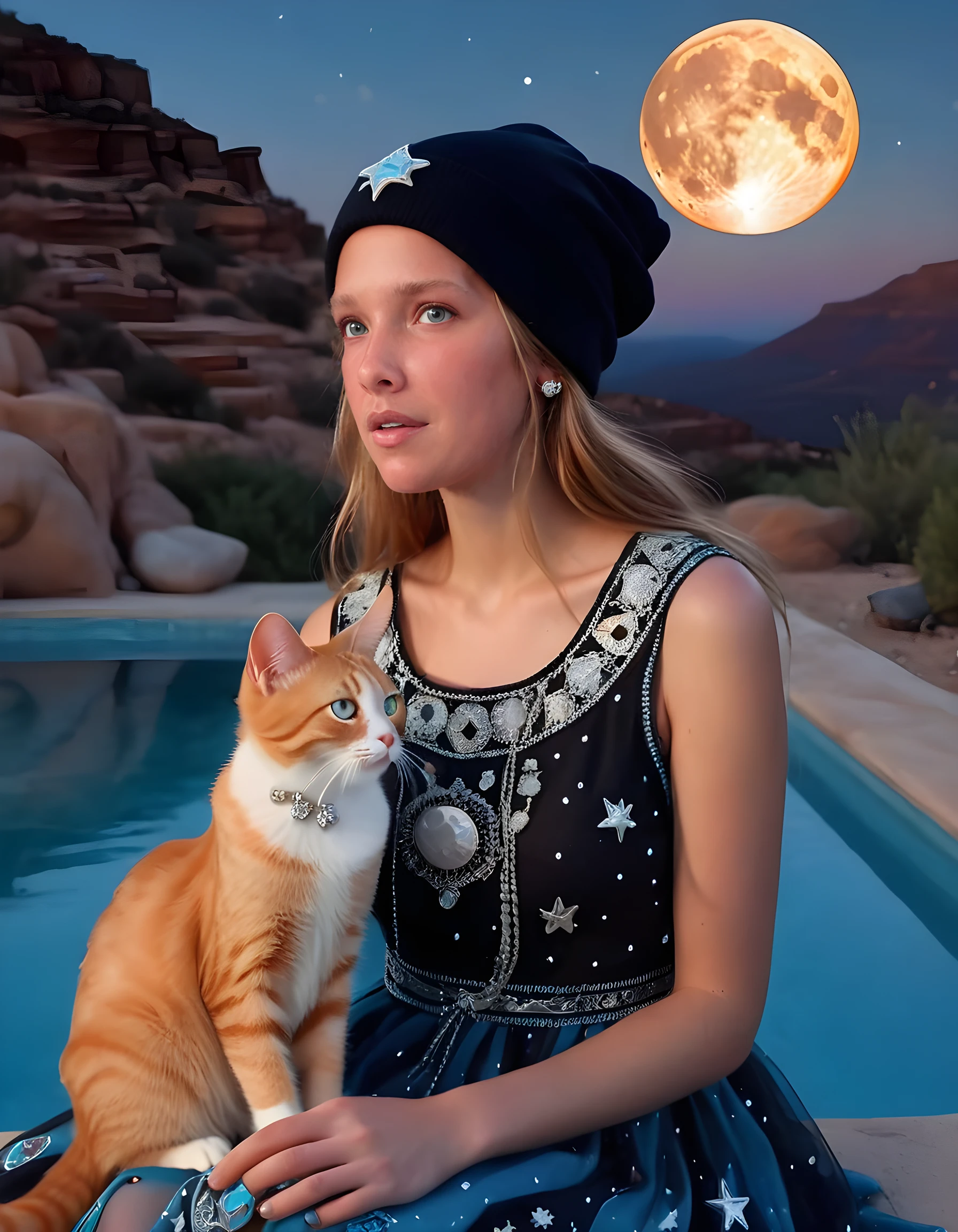 In a vibrant and surrealist genre scene, Petra Davidson is captured in a close-up image, seated on the edge of an azure, moonlit pool at twilight. Clad in a whimsical, bohemian-style dress adorned with intricate embroidery depicting celestial bodies and folkloric motifs, her eyes are lost within the pages of an open notebook filled with her creative musings. A black beanie with a silver cat brooch perched atop her head casts a soft shadow across her delicate features. Her left hand cradles a half-empty water bottle, while her right hand rests on the back of a curious orange tabby cat that gazes up at her adoringly. The ethereal glow from the moon and twinkling stars illuminates the scene, creating a serene and mystical atmosphere that exudes an air of creativity and introspection.