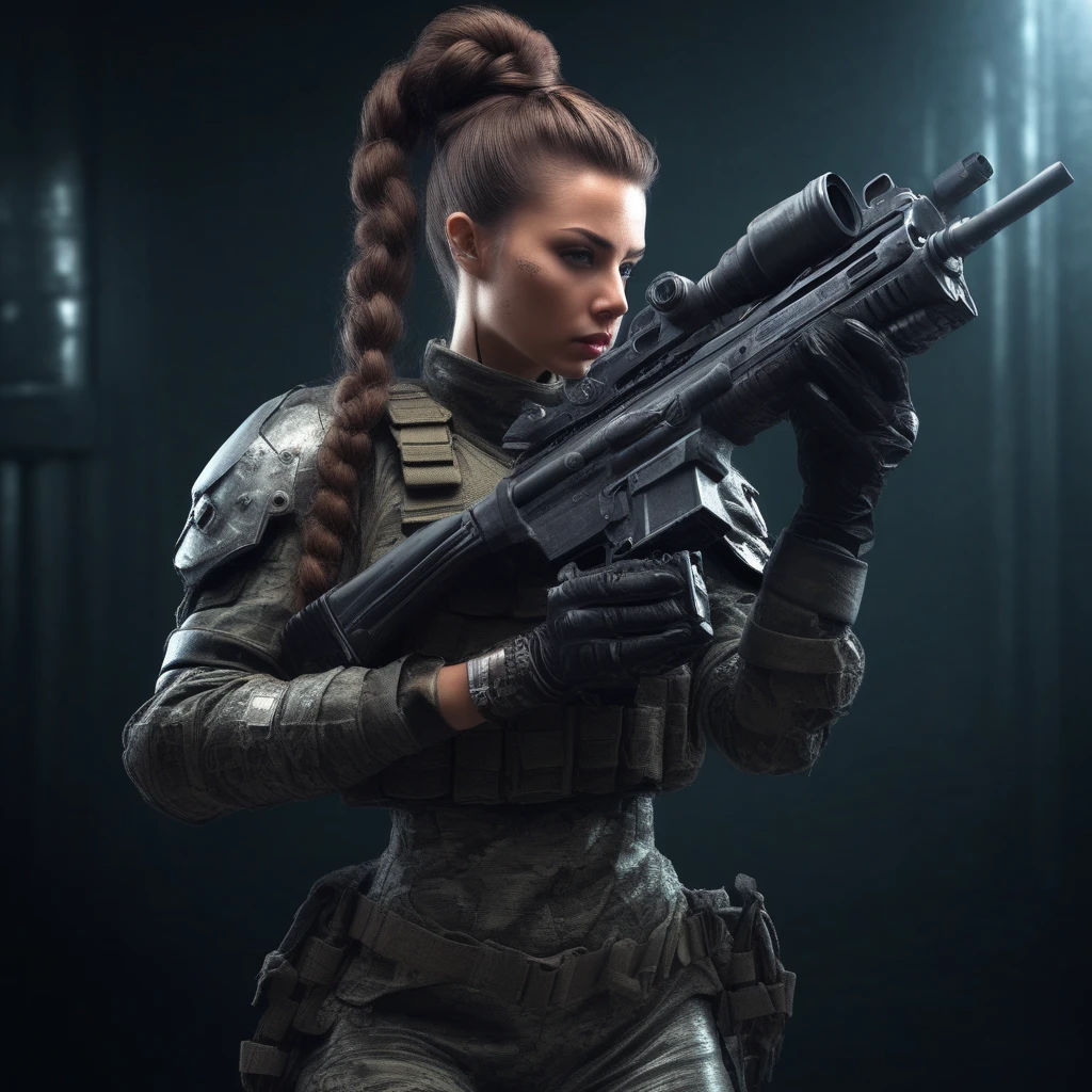 a beautiful lady in a armored outfit holding a gun, a tide up bun of hair in a dark color, raw, masterpiece, extreme ultra best picture, extreme ultra intricate creative detail, extreme hyper realistic detail, extreme ultra hyper photo realism, extreme ultra-hyper immersive visuals, extreme 3D realistic, ultra 4080p, HD, VFX, SFX, FKAA, TXAA, RTX, SSAO