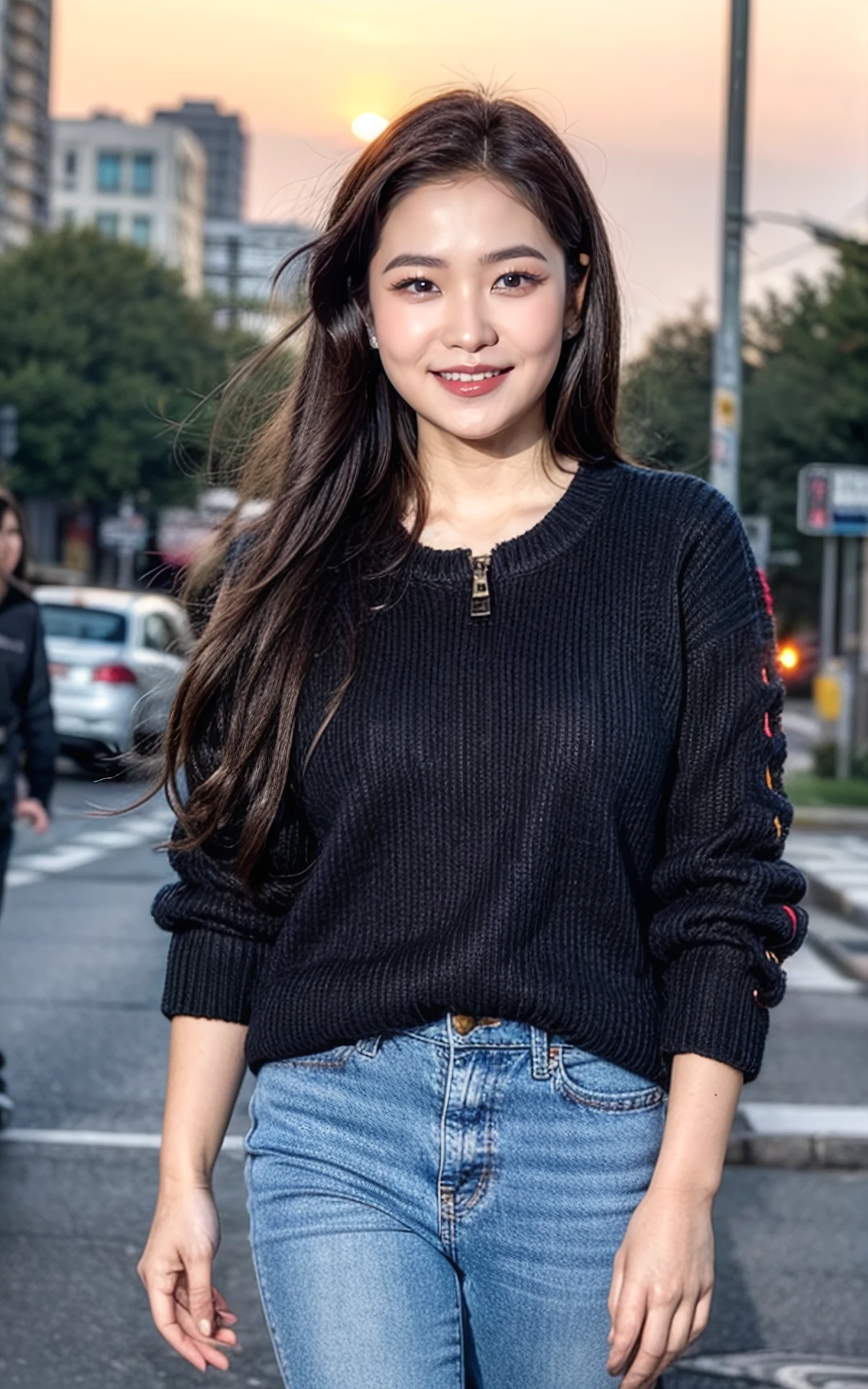 , (smiling:1.2),  , (fullbody:1.2),  (realistic), (hyperrealism), (photorealistic:1.4), 1girl,,  looking at the viewer, eye makeup, detailed eyes, detailed face, (upper body:1.2), detailed background, walking at the streets, sunset, (windy:1.2)  z1pp3rsw3at3r,, sleeves past wrists, zipper sweater, Denim jeans <lora:more_details:1>  <lora:zoom_slider_v1:2> <lora:Yeri_V1:1> Yeri_V1