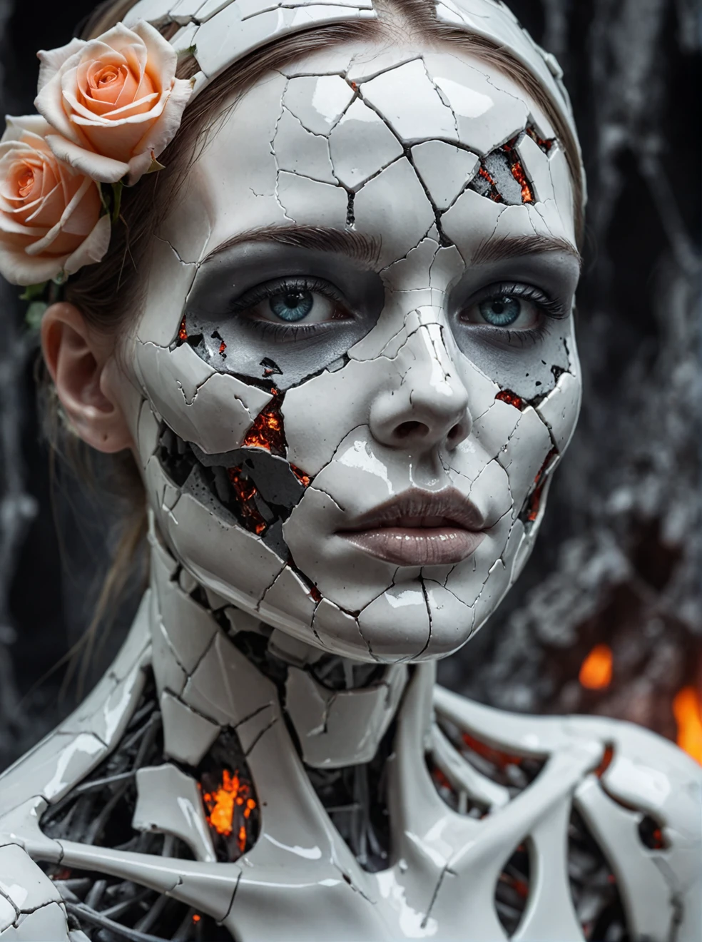 Death of a beautiful humanoid female,a broken android,digital art,cracked porcelain face and lava,((ral-lava)),futuristic look,captivating,full body:1.5,skull,fragile,emotional,shatter into fragments,shattered glass,shattered pieces of a woman body,made of porcelain,broken,destroyed,abstract patterns,tile art,roses,portrait photography,cinematic,white and light gray,shallow depth of field,((grayclay)),<lora:d\EnvyZoomSliderXL01:0.3>,colorful