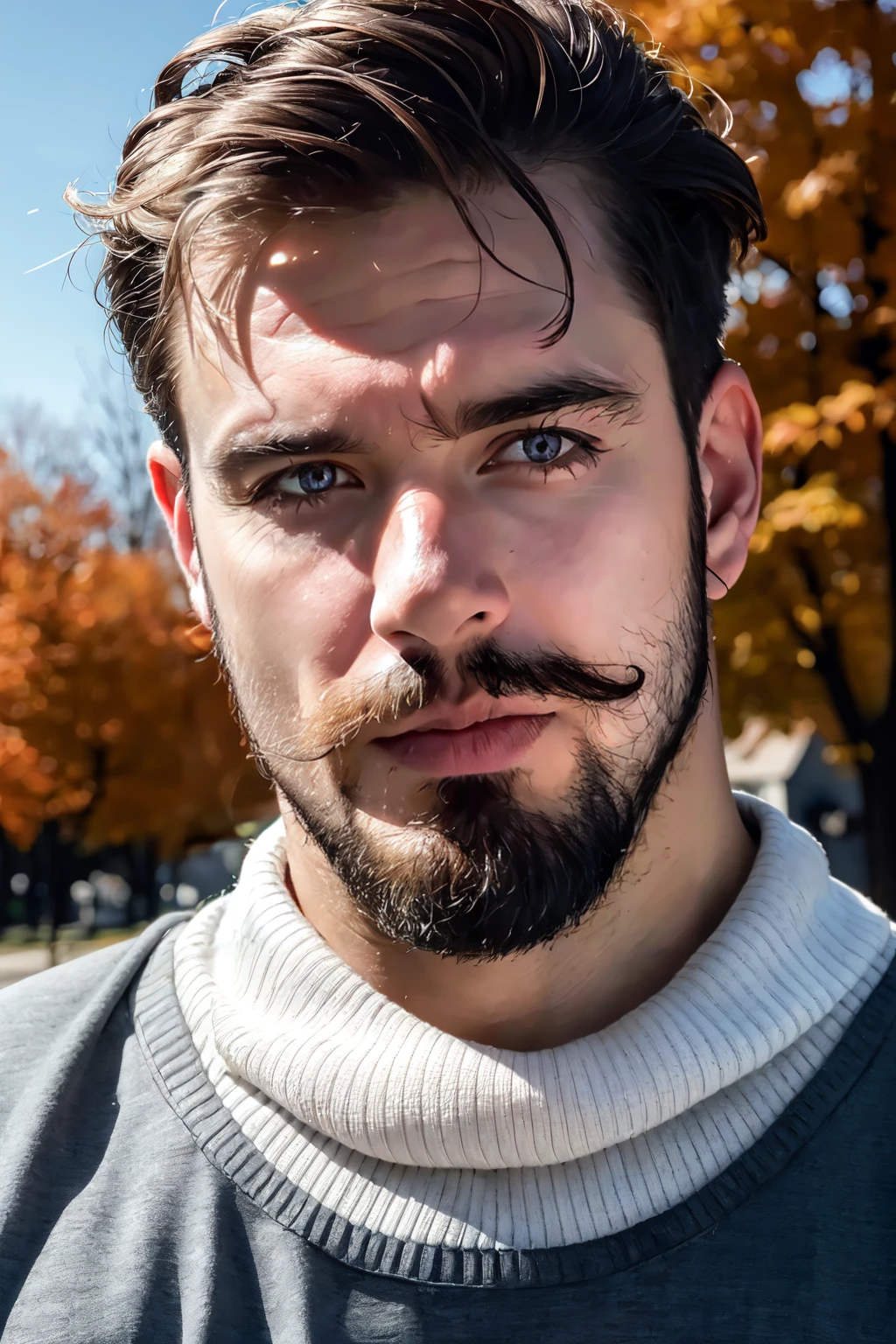 ((masterpiece)), ((best quality)), (ultra-detailed), absurdres, extremely detailed CG unity 8k wallpaper, RAW photo, wide shot, professional photo, closeup portrait, beautiful face, expressive eyes, looking at viewer, solo, outdoors, autumn, scenery, dramatic lighting, (1boy, mature male, facial hair:1.4), (sweater:1.3), , ((masterpiece)), absurdres, HDR, <lora:GoodHands-vanilla:1.0>