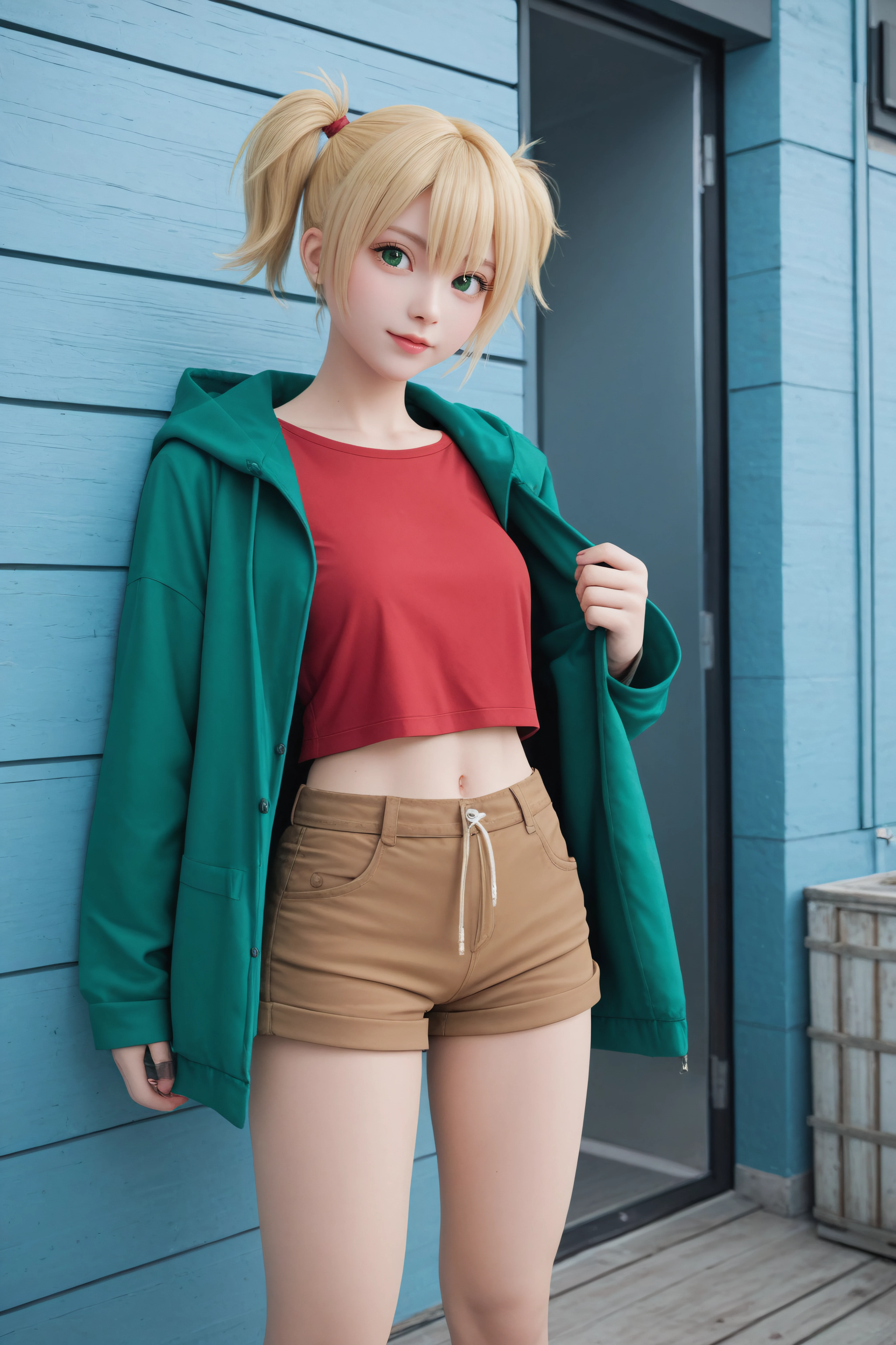 score_9, score_8_up, score_7_up, BREAK source_anime, <lora:Young Cal Devens-PonyXL-lora-Faxtron:0.8> young cal devens, green eyes, blonde hair, short twintails, red shirt, green hooded jacket, brown shorts,