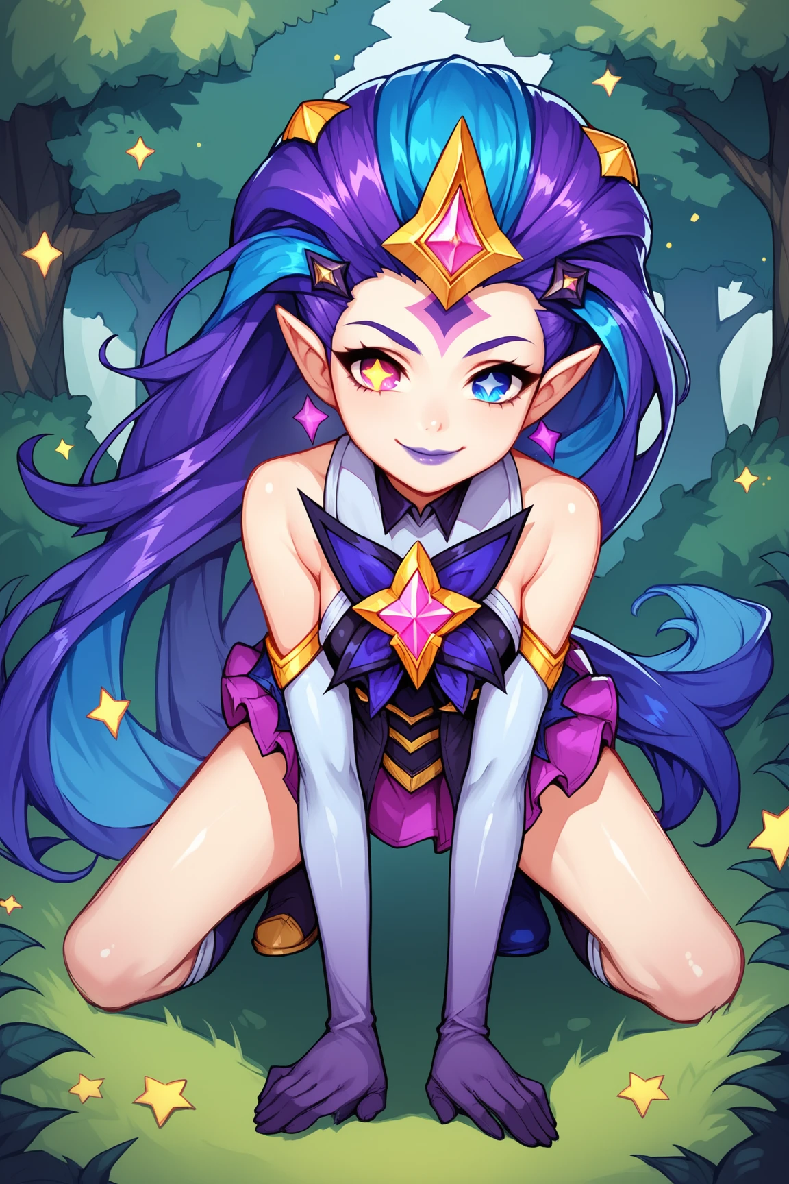 score_9, score_8_up, score_7_up, score_6_up, score_5_up, score_4_up, BREAK, ZoeSGXL, star guardian (league of legends), purple lips, purple eyes, (blue eye), heterochromia, star-shaped pupils, purple hair, blue hair, multicolored hair, long hair, gold star forehead, hair ornament, pointy ears, small breasts, bare shoulders, star (symbol), purple dress, purple elbow gloves, pink skirt, blue short, white single thighhigh, black thighhigh, solo, all fours, seductive smile, looking at viewer, forest, tree <lora:ZoeSGXL:0.8>