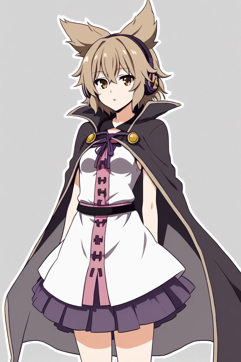 1 girl, source_anime, <lora:miko_pony_v2-10:1> toyosatomimi no miko, light brown hair, pointy hair, earmuffs, baton, brown eyes, purple skirt, cape, white dress, detailed background, flat color, partially colored, monochrome, black and white