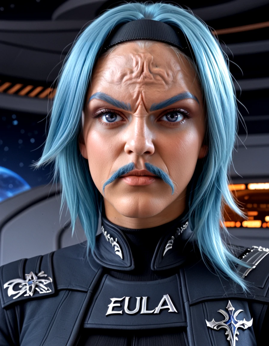 female klingon,((eula)),solo,blue hair,
blue facial hair, blue mustache, black hairband,
heroic pose,thick blue eyebrows,
spaceship background,
<lora:klingon:0.9>