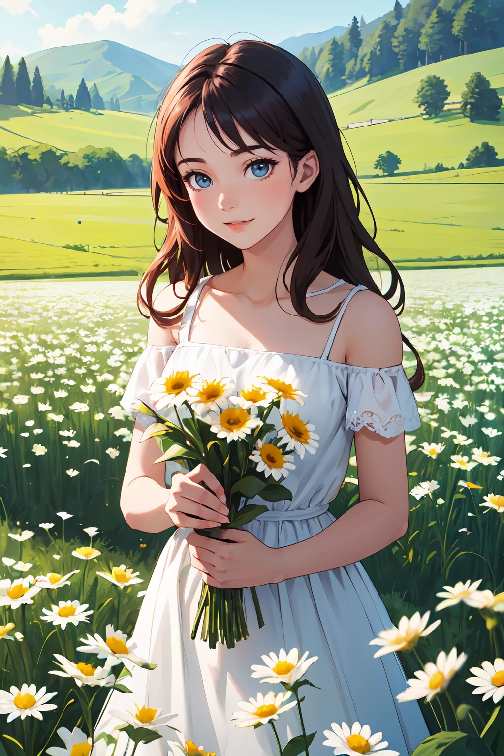 masterpiece, best quality, beautiful, aesthetic, perfect, delicate, intricate,countryside road trip poster, 1girl, Holding flowers in hand,field of daisy, vibrant, happy, scenery,<lora:GoodHands-beta2:1>
