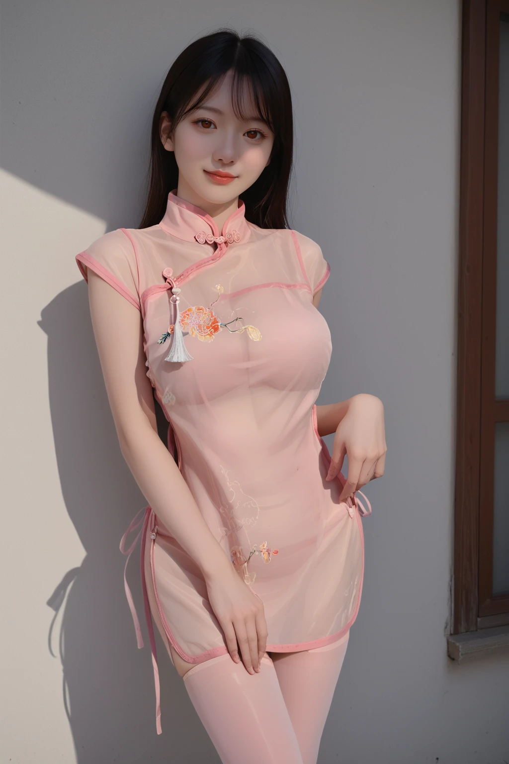 necklaces,solo,ayane,long hair,brown eyes,black hair,garter belt,big breasts,round breasts,1girl,hetero,woman focus,closeup,concept art,doaAyane,purple hair,red eyes,pink thighhighs,pink cheongsam,pale_skin,exquisite puppet,beautiful face,shiny_skin,(smile:0.6),outdoor,day,shadow,simple_background,,<lora:gk-cheongsam-sdxl>, score_6_up, score_5_up, score_4_up,, score_9, score_8_up, score_7_up,