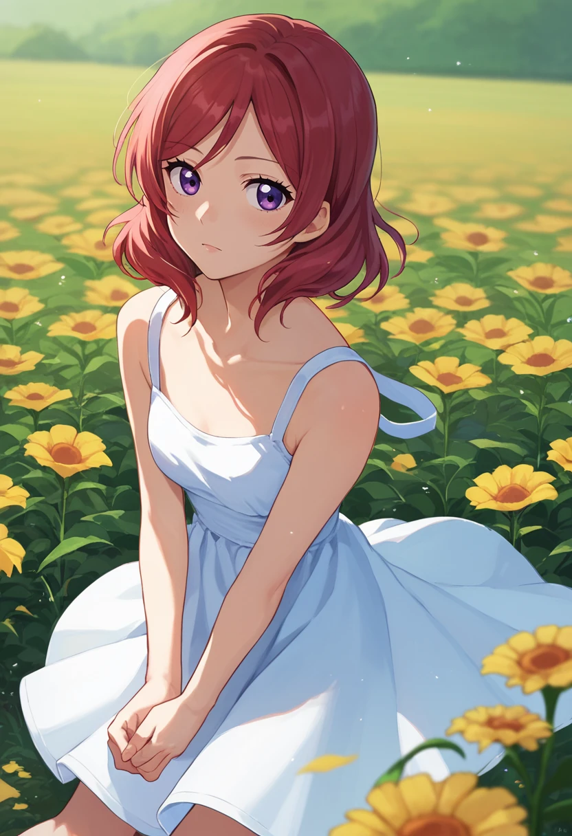 score_9, score_8_up, score_7_up, 1girl, solo,   Nishikino maki, red hair, purple eyes, short hair,  sundress, flower field,    <lora:Nishikino Maki TEST-000007:1>