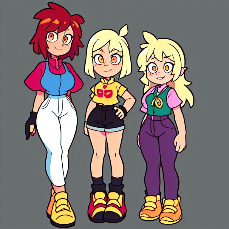 ((masterpiece,extremely detailed, best quality, new , newest)), cartoon style, science fiction, dark yellow hair, neon pink hair, very short hair, hair between eyes, dark orange eyes, tall, 0.7::pink vest, bellbottoms0.2::, hair flower, gold flower, silver ribbon, large breasts,