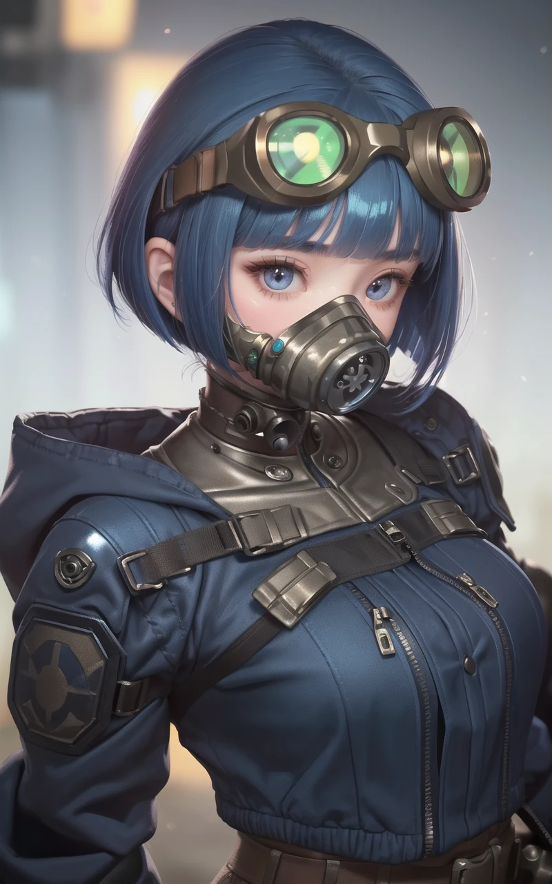 (((facing viewer))), 1girl, (upper body, standing before viewer), (((FemFH, huge round goggles, gas mask, diagonal bangs, shoulderpads), zipped blue jacket, brown gloves, heavy makeup)), ultra detailed, illustration, unparalleled masterpiece, ultra realistic 8k CG, perfect artwork, brave female soldier, (narrow waist), alluring, clean, (looking at viewer), (((short hair, diagonal bangs, hair over one eye, straight bob cut, straight hair, ))), (((blue hair))), (glowing eyes), (cold expression), pale skin, ((shiny skin, medium breasts)), depth_of_field, bokeh, delicate pattern, intricate detail, (pitch black night),