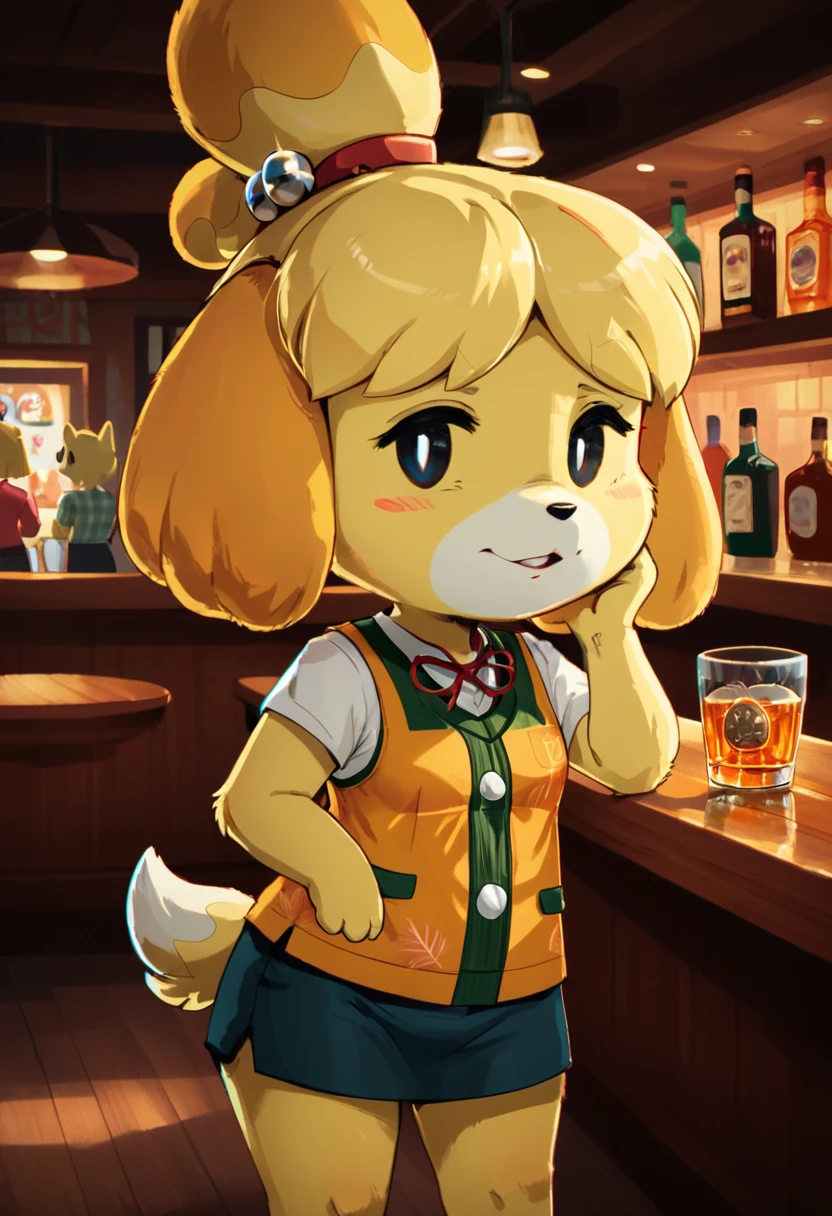 score_9, score_8_up, score_8,    <lora:Shizue_for_PonyXl:0.8> 1girl, dog girl, shizubelle, animal ears, furry female, blonde hair, tail, black eyes, topknot, Isabelle, bar, whiskey, shot glass,