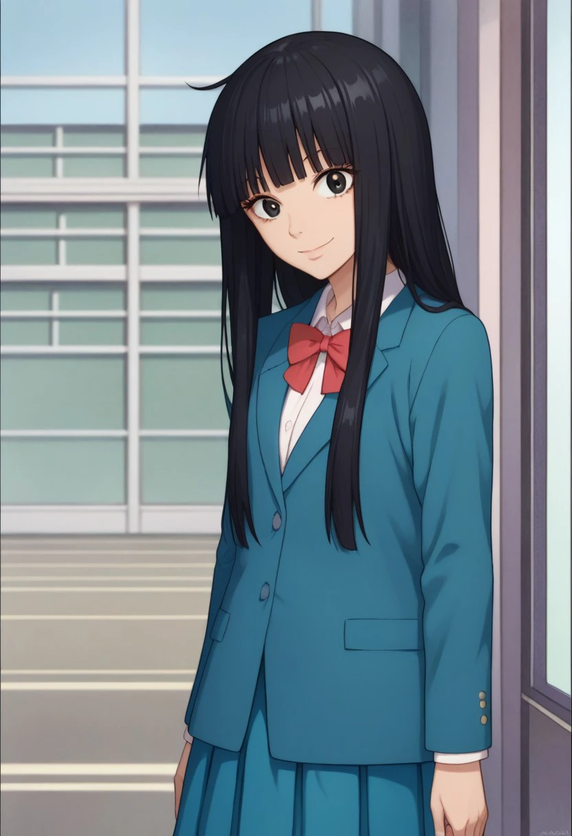 score_9, score_8_up, score_7_up, source_anime, highly detailed,
sawako, 1girl, solo, long hair, skirt, black hair, school uniform, upper body, black eyes, pleated skirt, jacket, bangs, looking at viewer, blunt bangs, blue skirt,  standing, blazer,
indoor, smile,