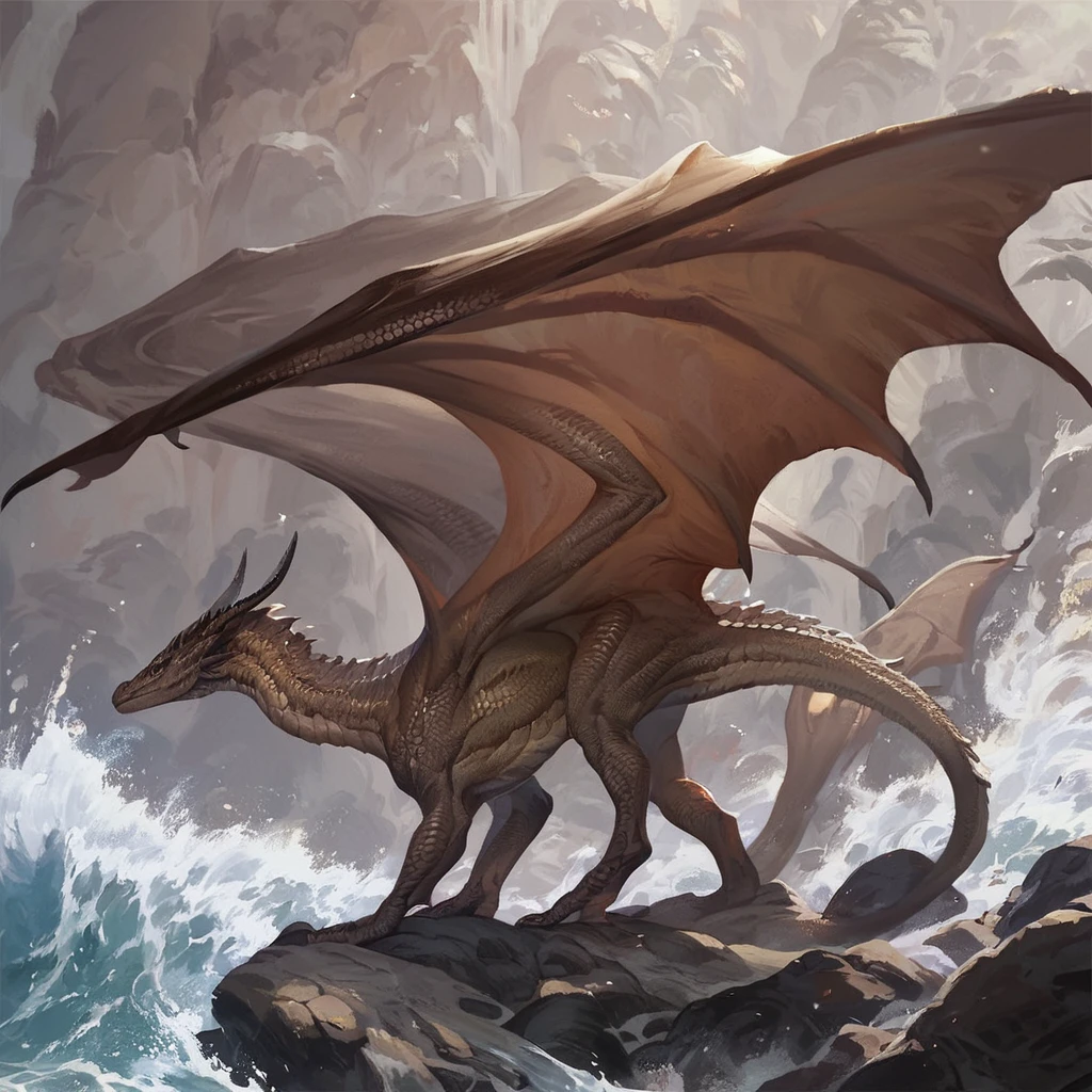 (score_9:1.2), (score_8_up:1.1), score_7_up, score_6_up, majestic male brown dragon standing on a rock in the middle of the ocean, solo, side view, wings, tail, detailed scales, detailed background, waves <lora:dragon-plus-xl-v1:1>, feral